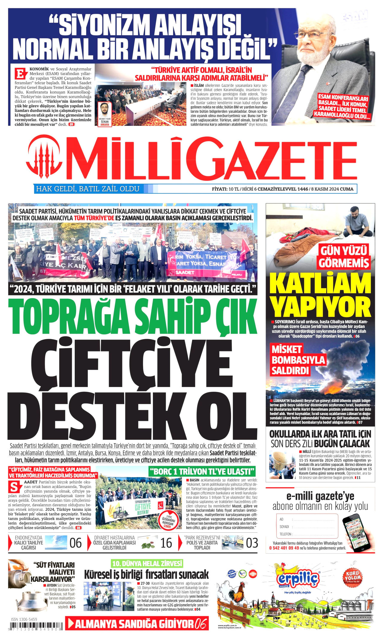 MİLLİ GAZETE gazetesinin 8 Kasım 2024 tarihli birinci sayfası
