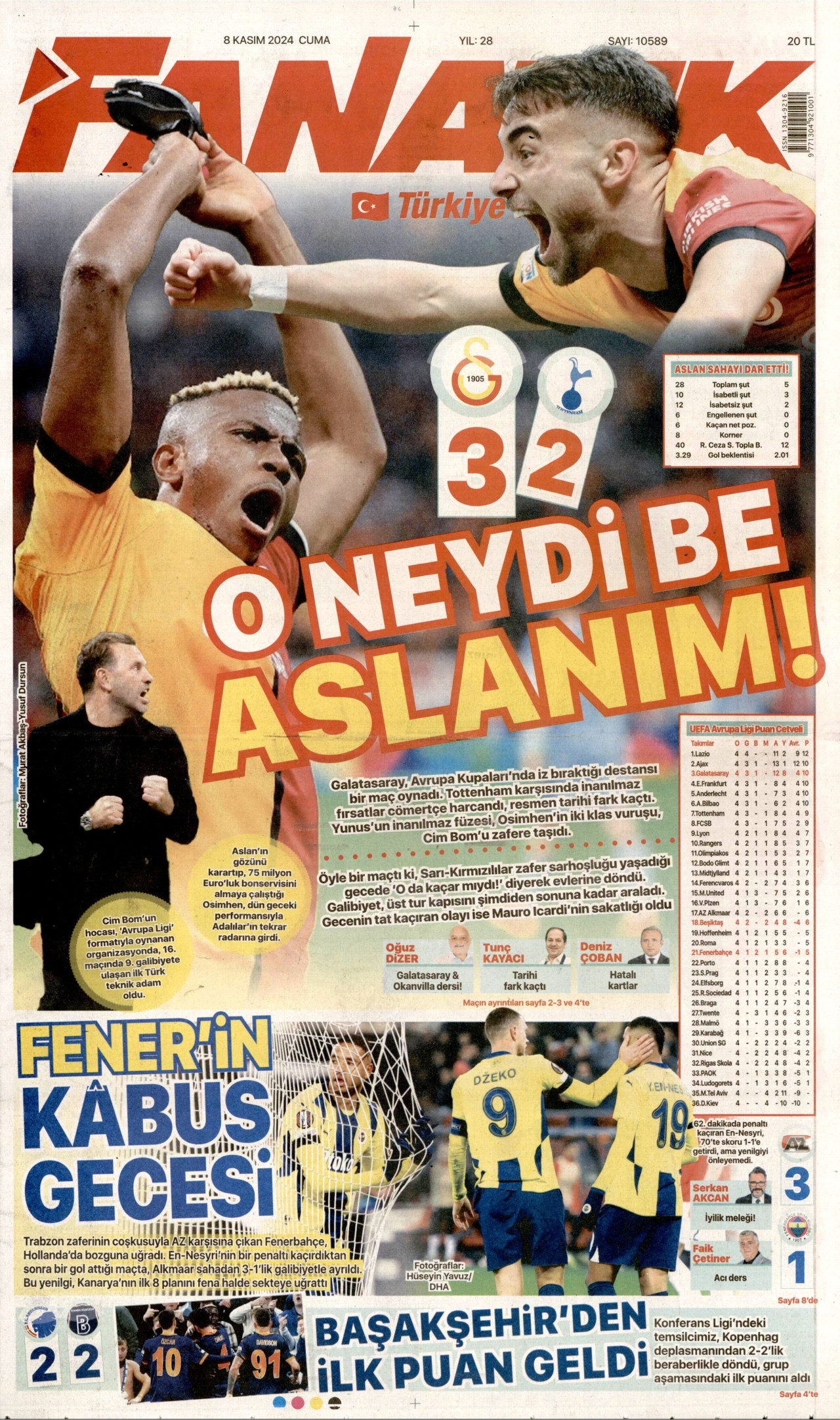 FANATİK gazetesinin 8 Kasım 2024 tarihli birinci sayfası