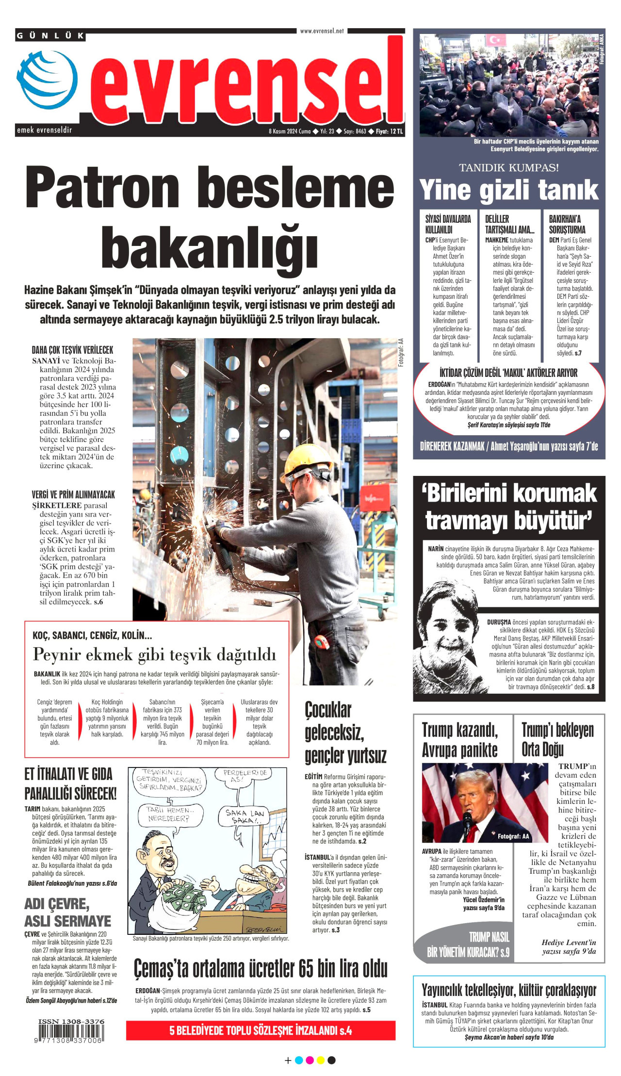 EVRENSEL gazetesinin 8 Kasım 2024 tarihli birinci sayfası