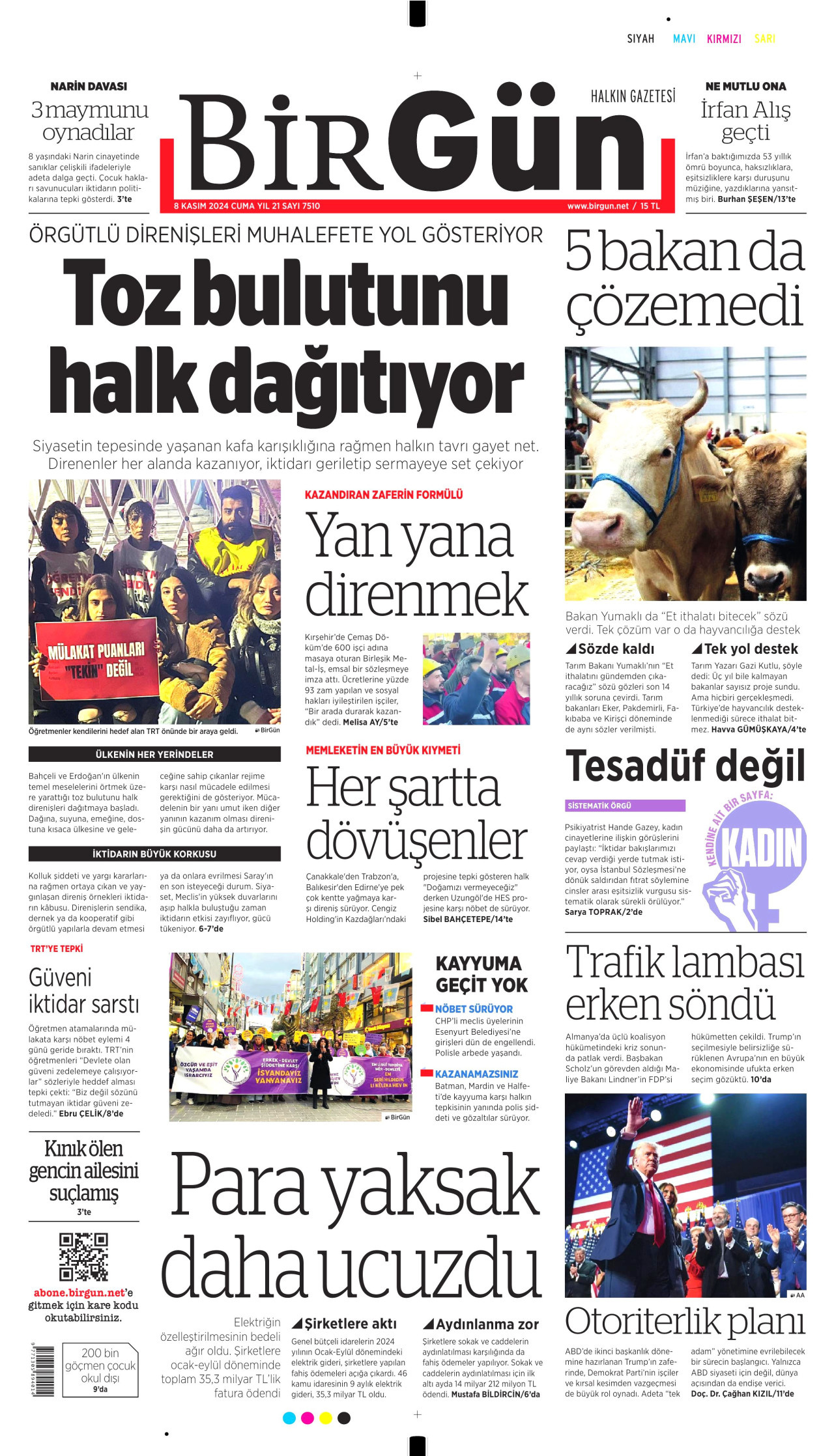 BİRGÜN gazetesinin 8 Kasım 2024 tarihli birinci sayfası