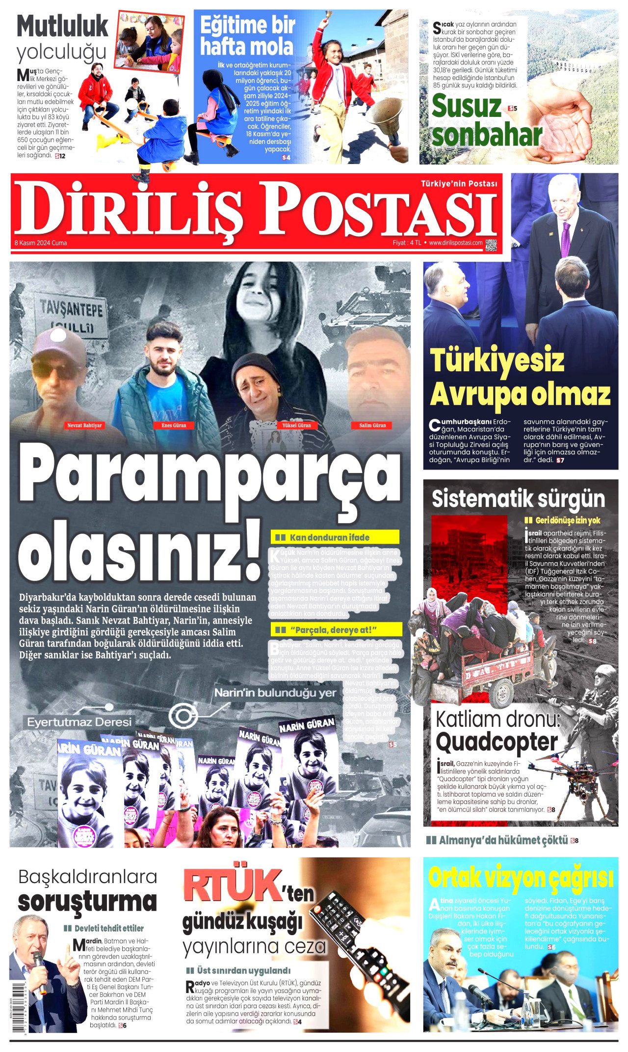 DİRİLİŞ POSTASI gazetesinin 8 Kasım 2024 tarihli birinci sayfası
