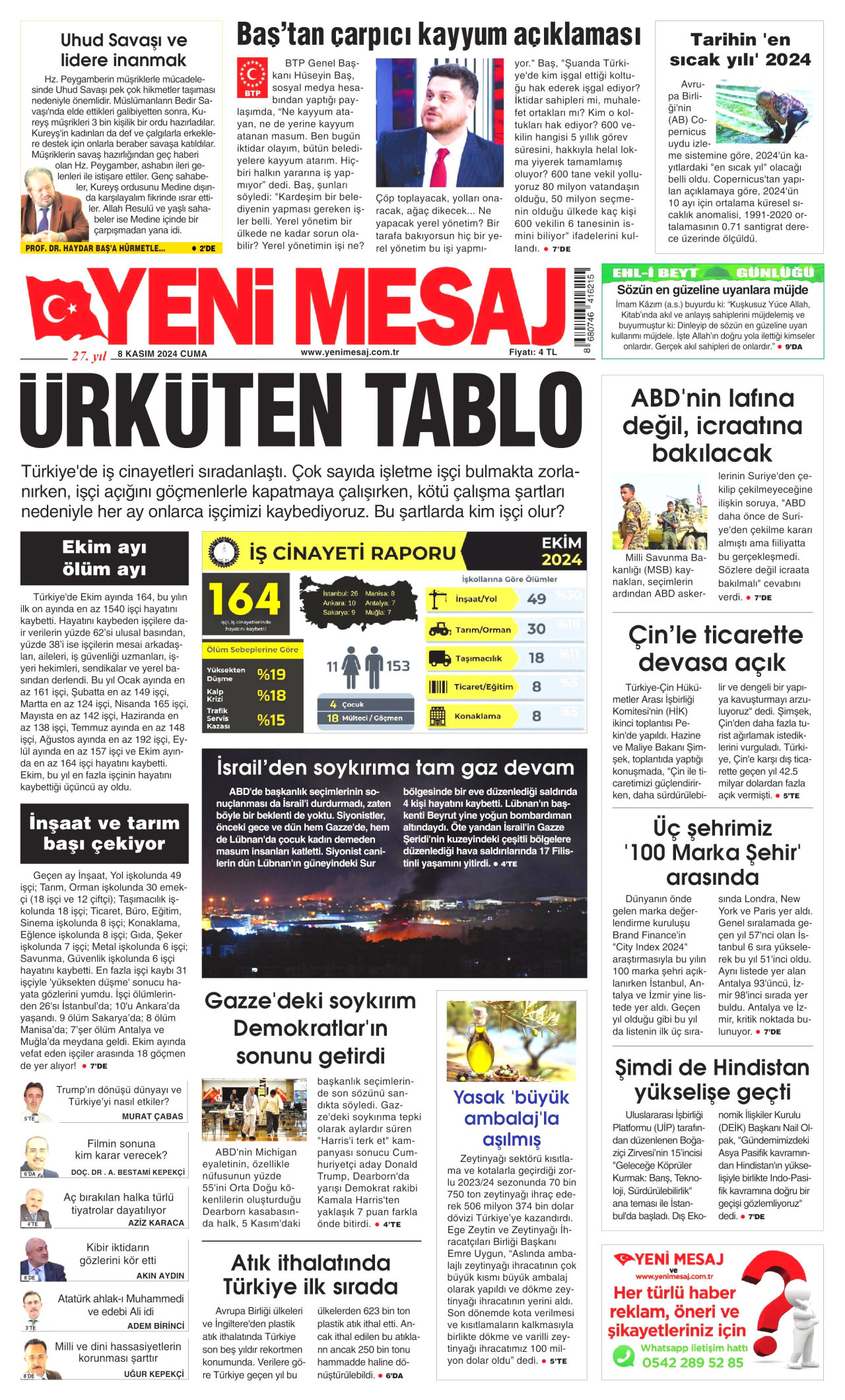 YENİ MESAJ gazetesinin 8 Kasım 2024 tarihli birinci sayfası