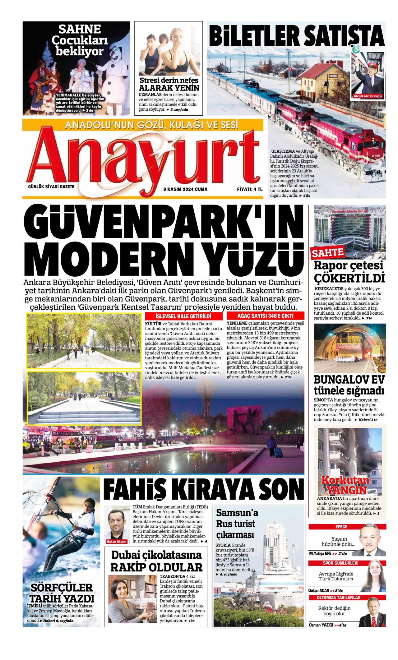 ANAYURT gazetesinin 8 Kasım 2024 tarihli birinci sayfası