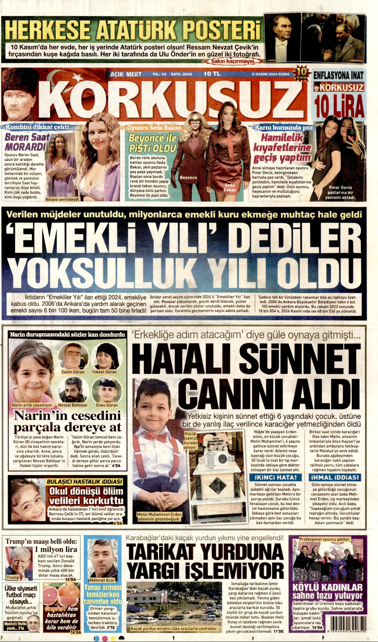 KORKUSUZ gazetesinin 8 Kasım 2024 tarihli birinci sayfası