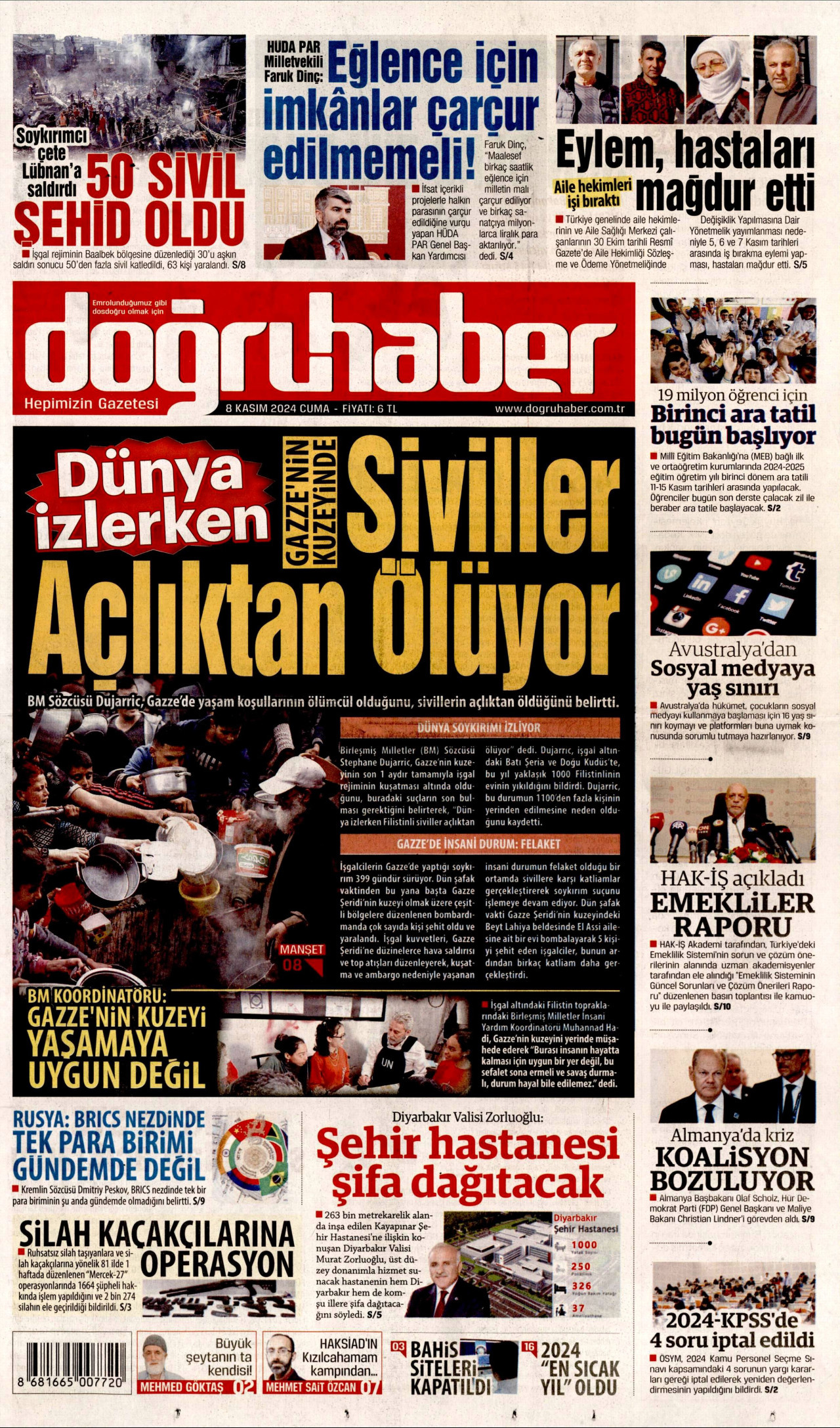 DOĞRU HABER gazetesinin 8 Kasım 2024 tarihli birinci sayfası