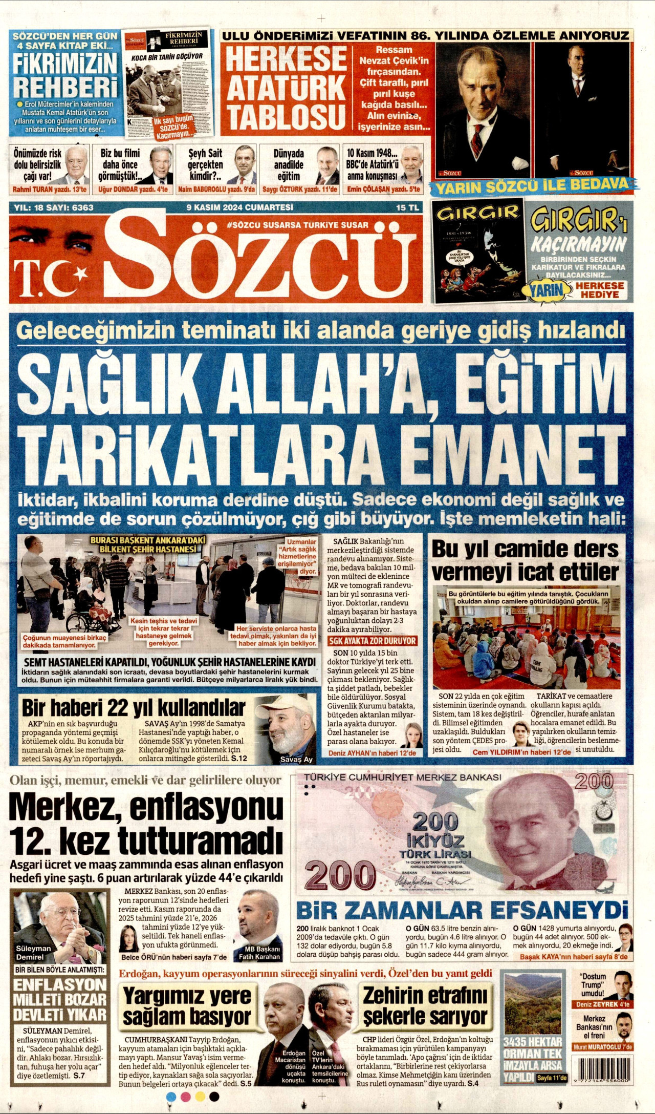 SÖZCÜ gazetesinin 9 Kasım 2024 tarihli birinci sayfası