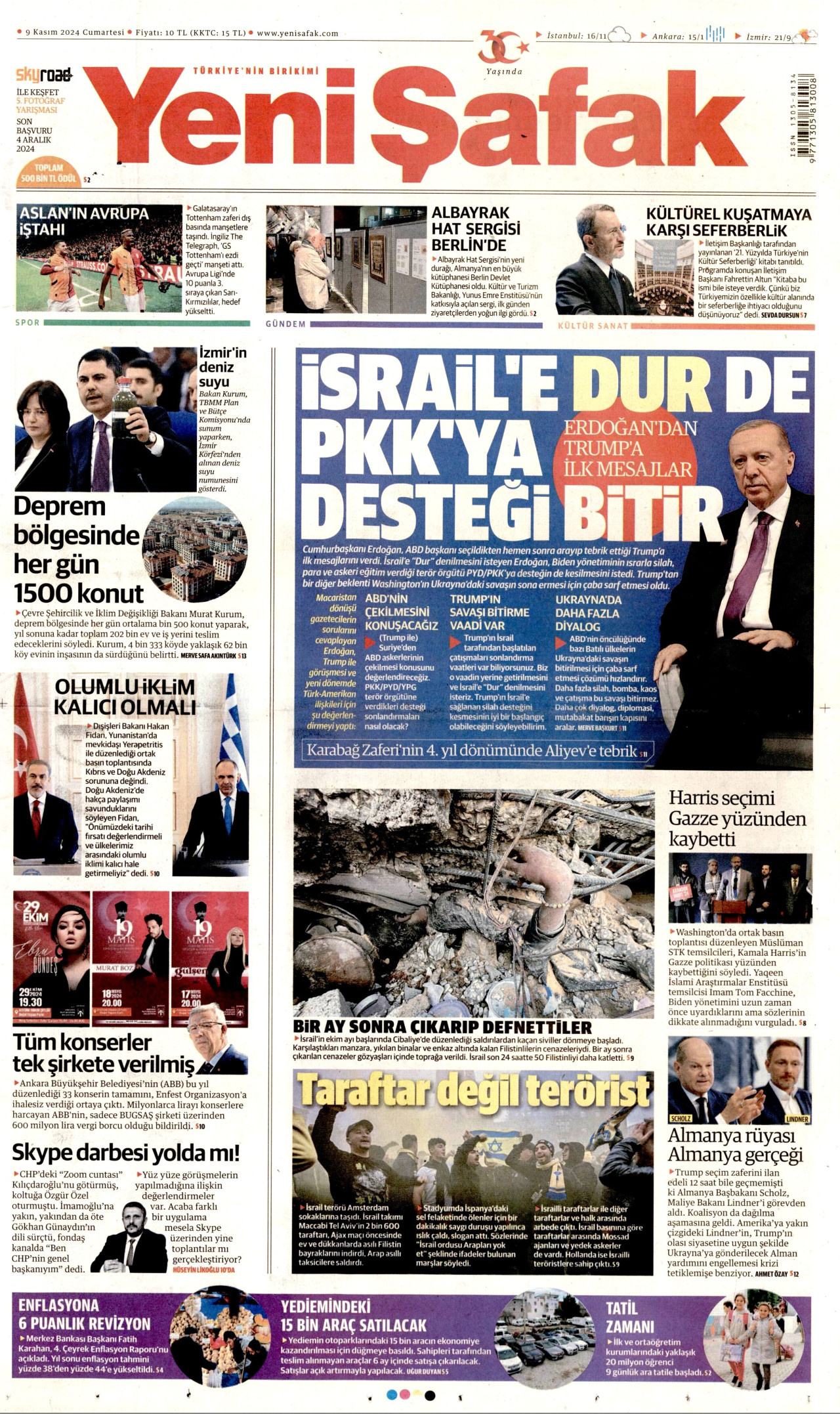 YENİ ŞAFAK gazetesinin 9 Kasım 2024 tarihli birinci sayfası