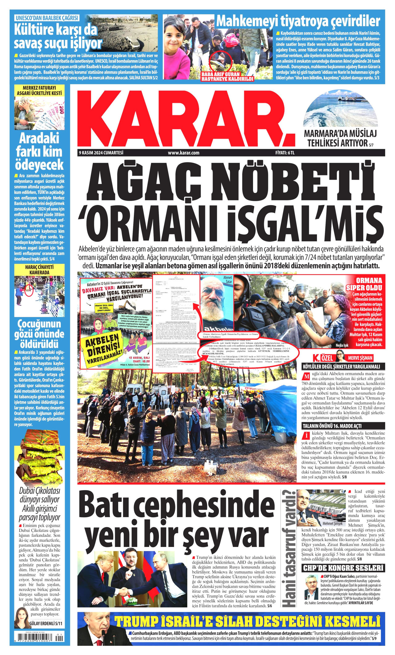 KARAR gazetesinin 9 Kasım 2024 tarihli birinci sayfası
