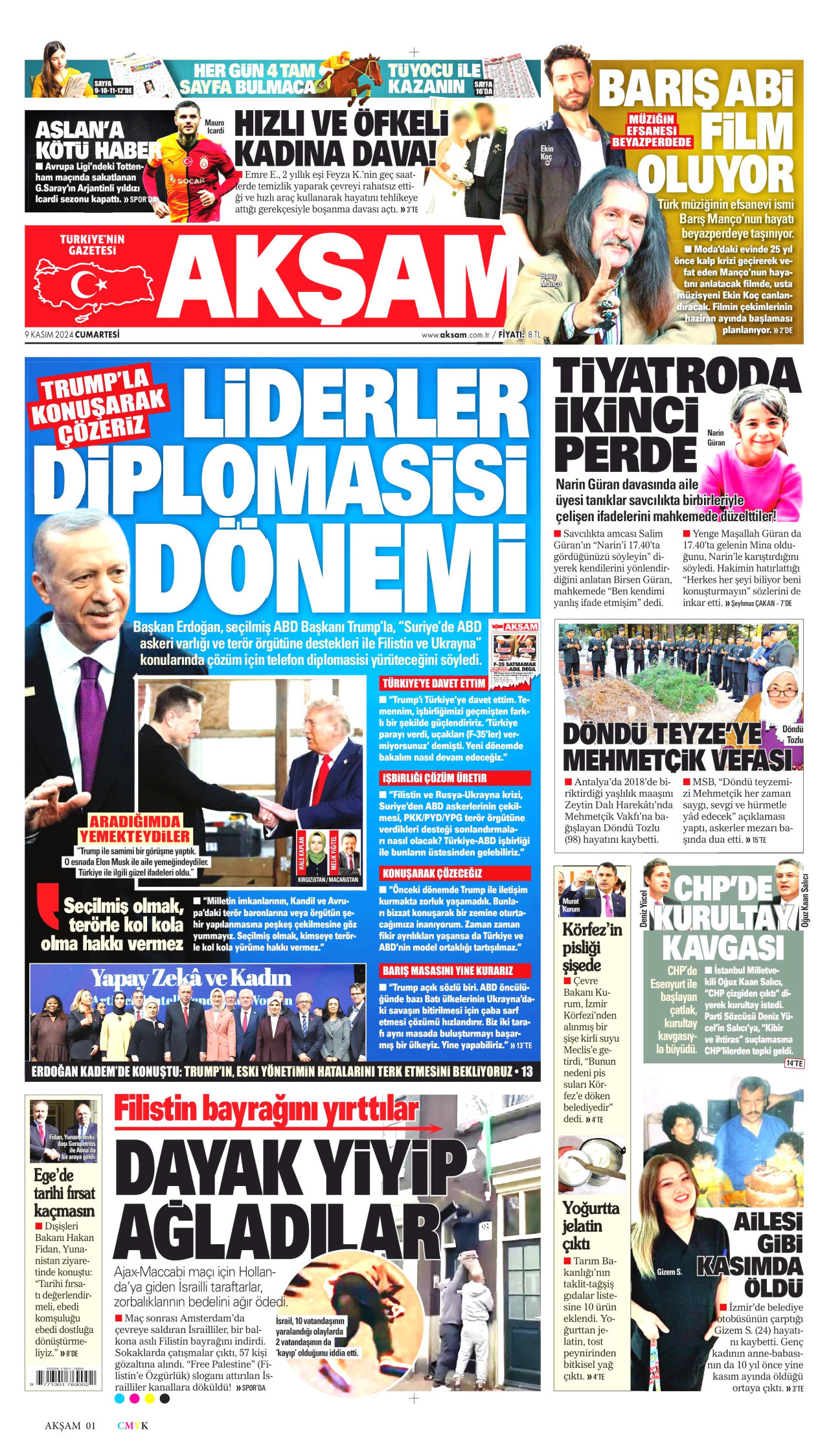 AKŞAM gazetesinin 9 Kasım 2024 tarihli birinci sayfası