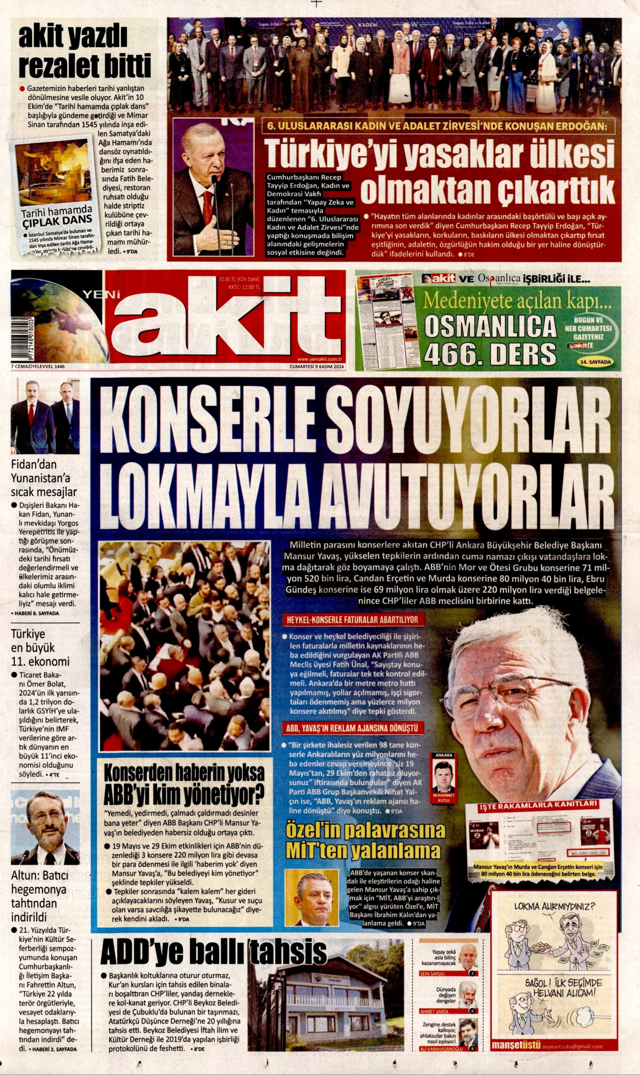 YENİ AKİT gazetesinin 9 Kasım 2024 tarihli birinci sayfası