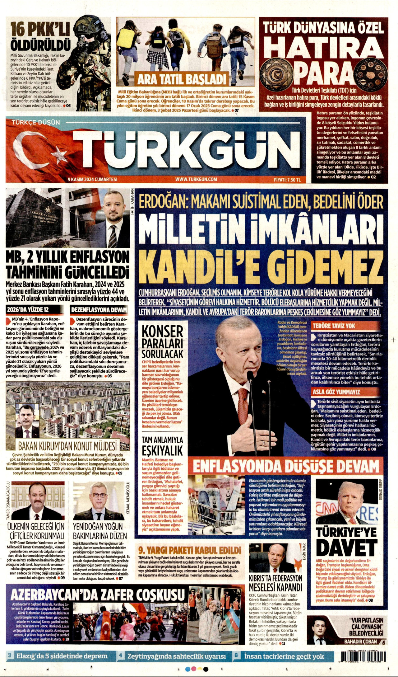TÜRKGÜN gazetesinin 9 Kasım 2024 tarihli birinci sayfası
