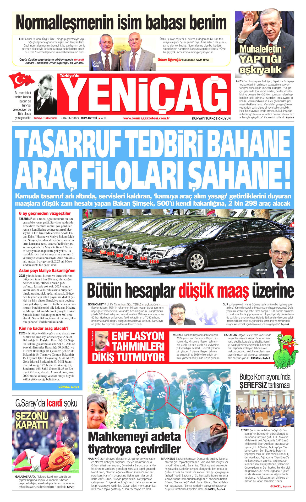 YENİÇAĞ gazetesinin 9 Kasım 2024 tarihli birinci sayfası