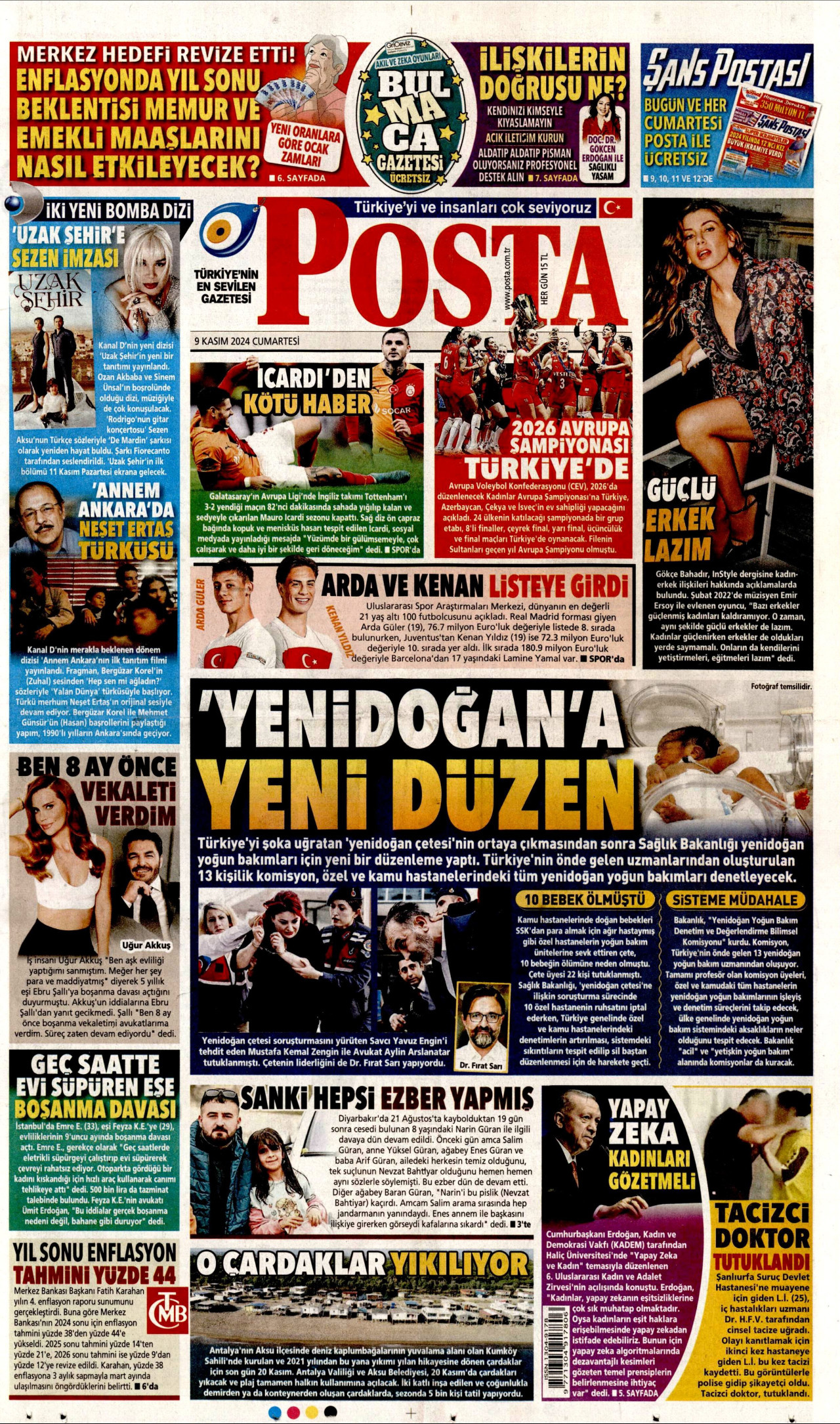 POSTA gazetesinin 9 Kasım 2024 tarihli birinci sayfası