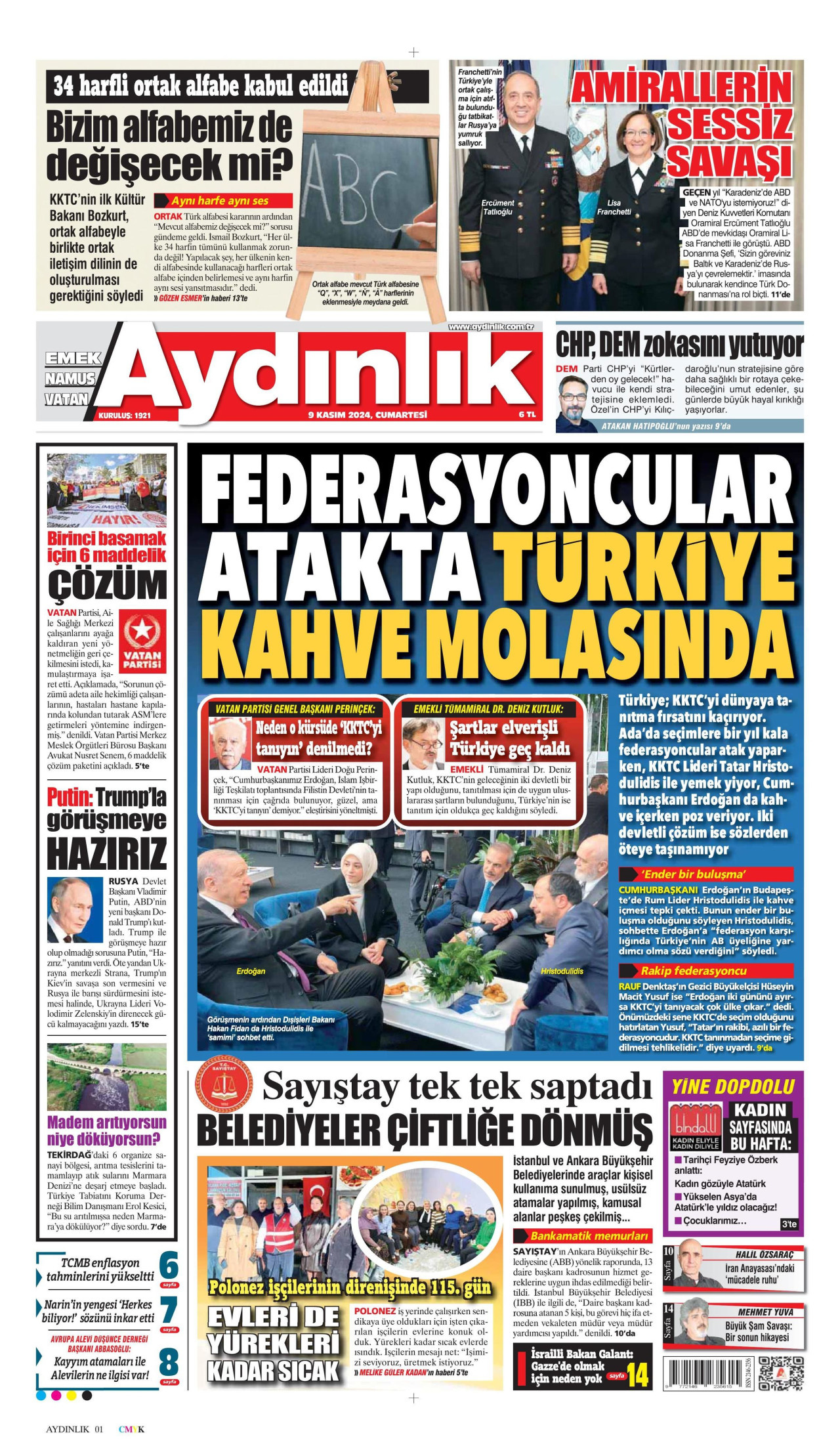 AYDINLIK GAZETESİ gazetesinin 9 Kasım 2024 tarihli birinci sayfası