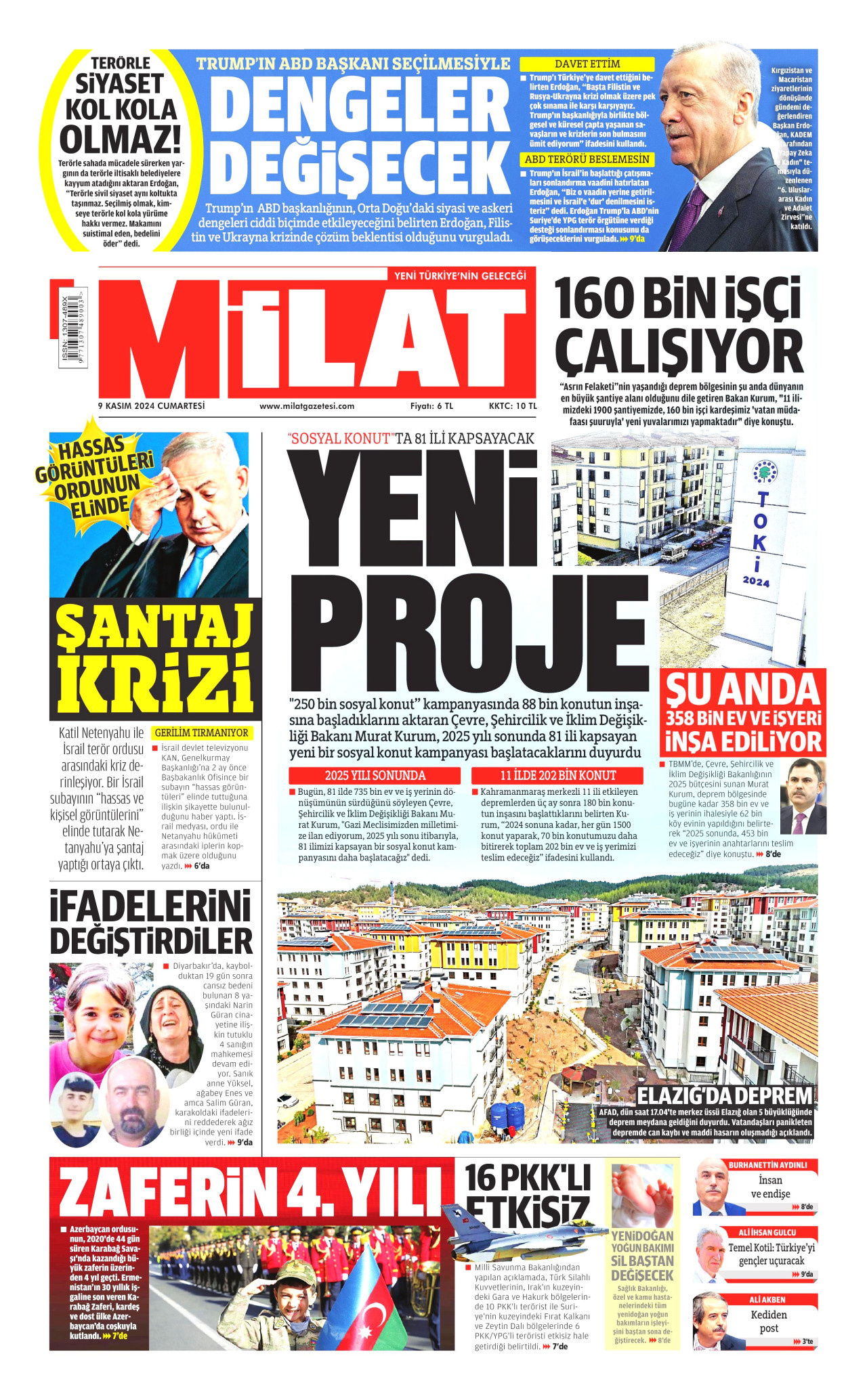 MİLAT gazetesinin 9 Kasım 2024 tarihli birinci sayfası