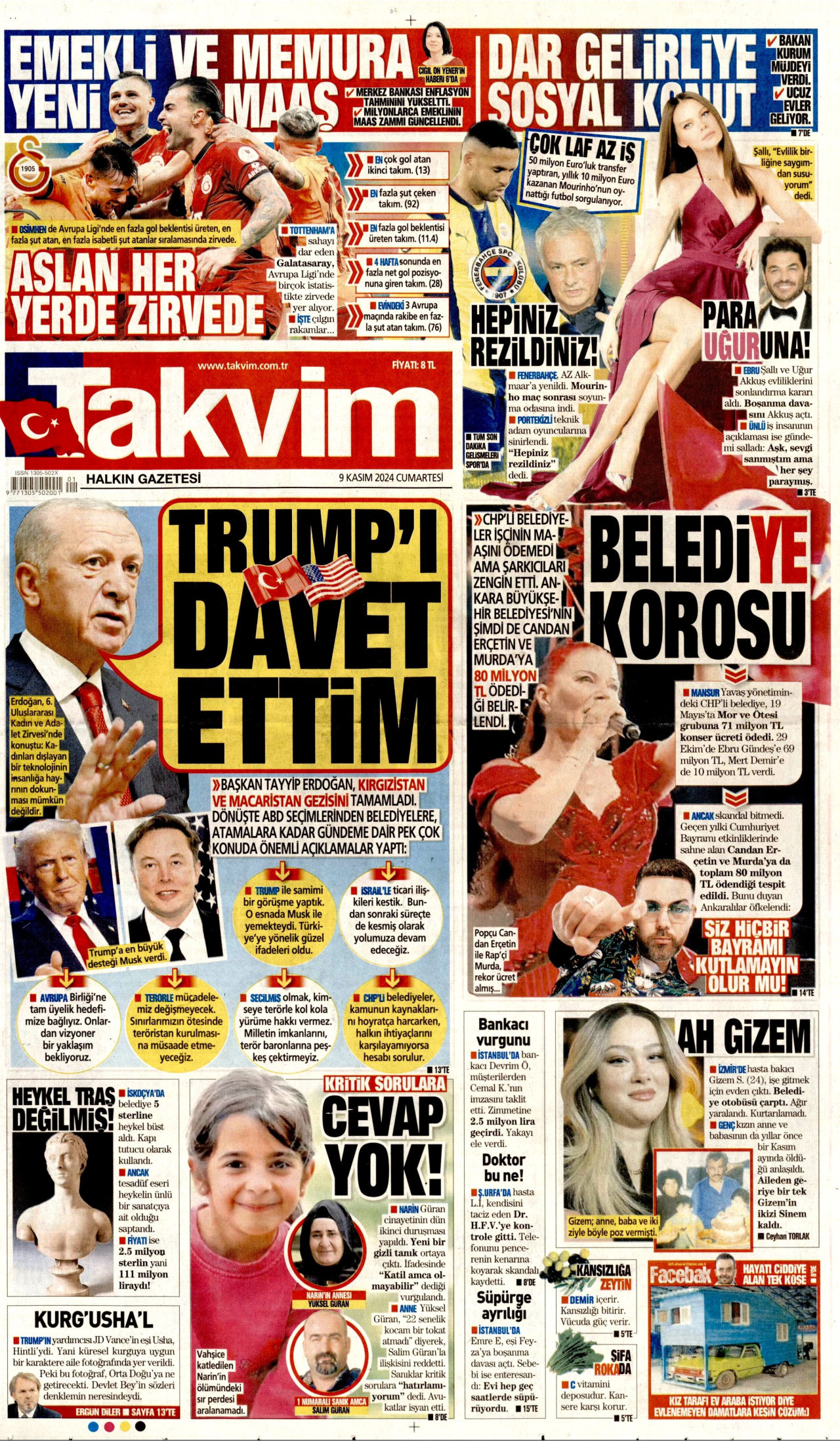 TAKVİM gazetesinin 9 Kasım 2024 tarihli birinci sayfası