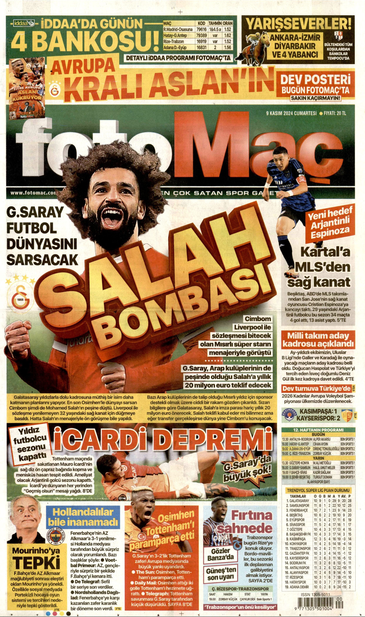 FOTOMAÇ gazetesinin 9 Kasım 2024 tarihli birinci sayfası