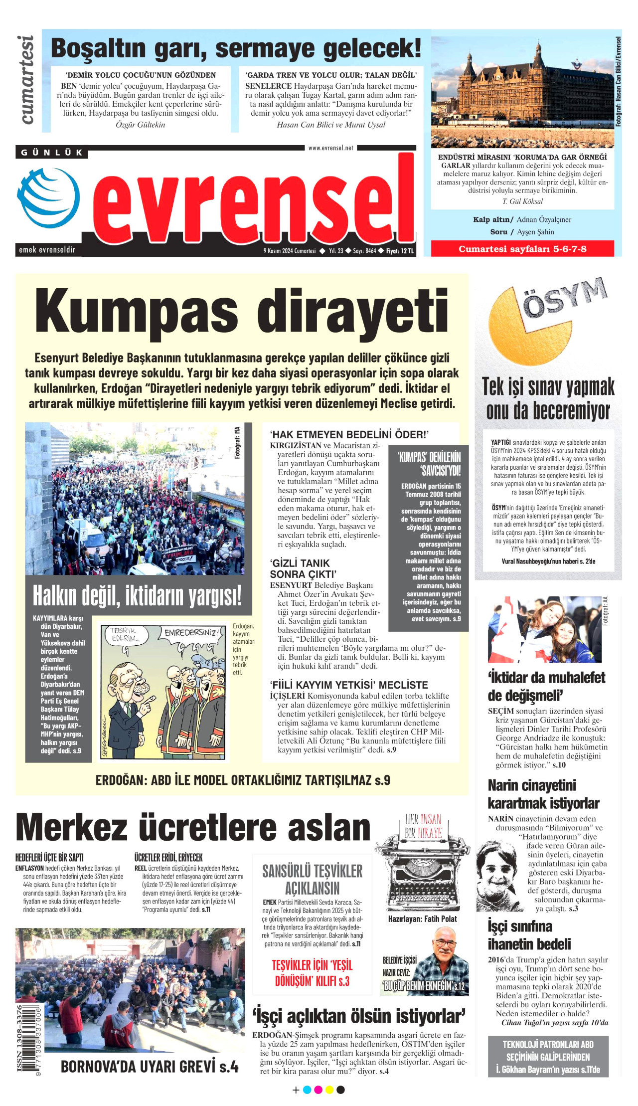 EVRENSEL gazetesinin 9 Kasım 2024 tarihli birinci sayfası