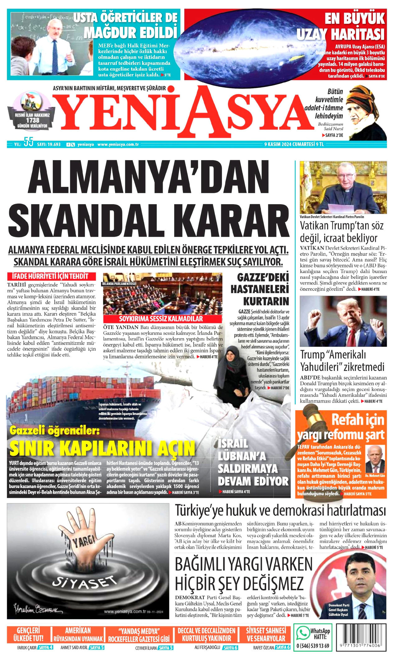 YENİ ASYA gazetesinin 9 Kasım 2024 tarihli birinci sayfası