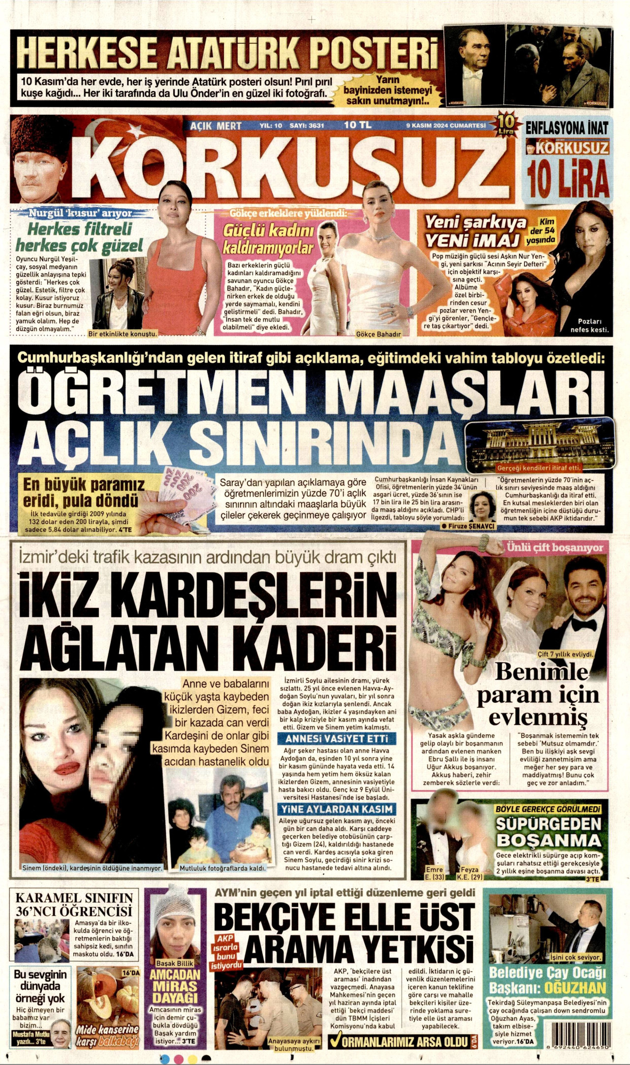 KORKUSUZ gazetesinin 9 Kasım 2024 tarihli birinci sayfası