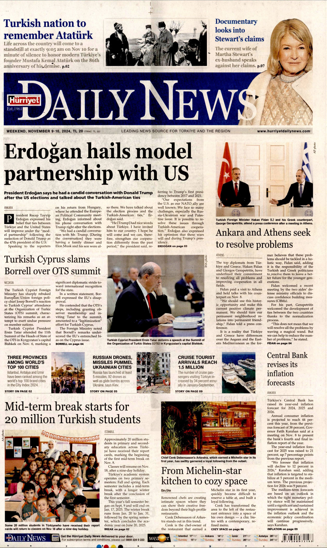 HÜRRİYET DAİLY NEWS gazetesinin 9 Kasım 2024 tarihli birinci sayfası