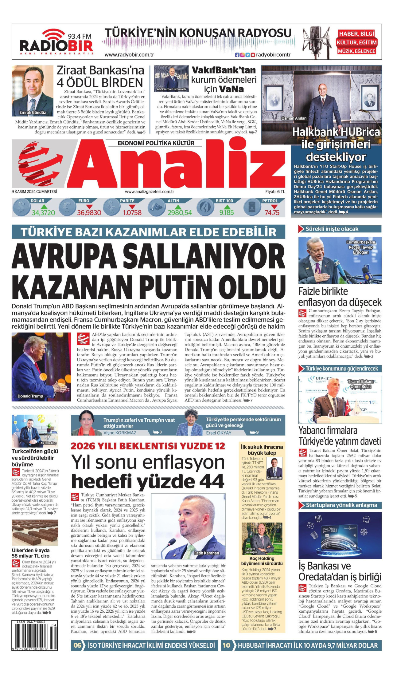 ANALİZ gazetesinin 9 Kasım 2024 tarihli birinci sayfası