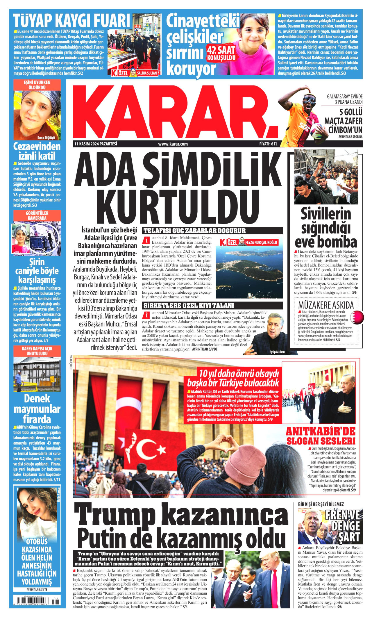KARAR gazetesinin 11 Kasım 2024 tarihli birinci sayfası