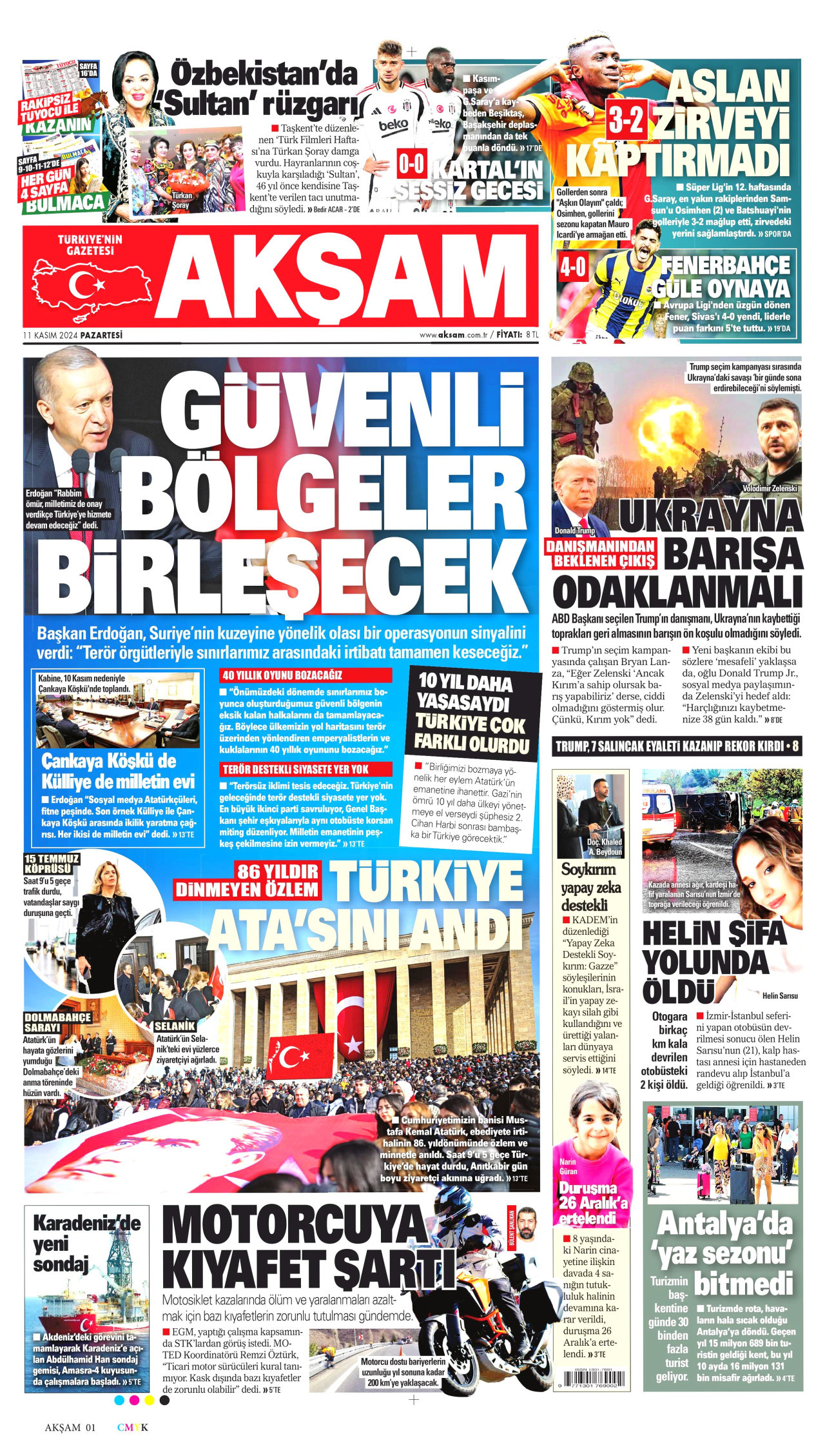 AKŞAM gazetesinin 11 Kasım 2024 tarihli birinci sayfası