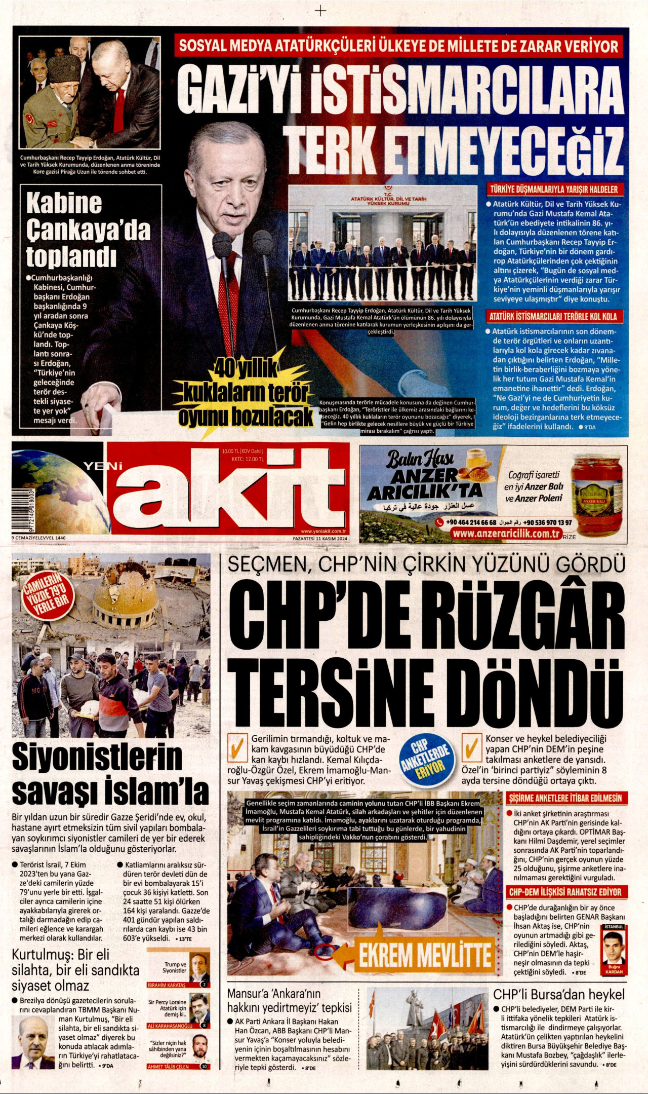 YENİ AKİT gazetesinin 11 Kasım 2024 tarihli birinci sayfası