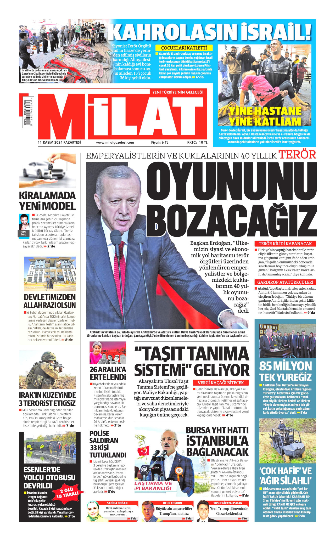 MİLAT gazetesinin 11 Kasım 2024 tarihli birinci sayfası