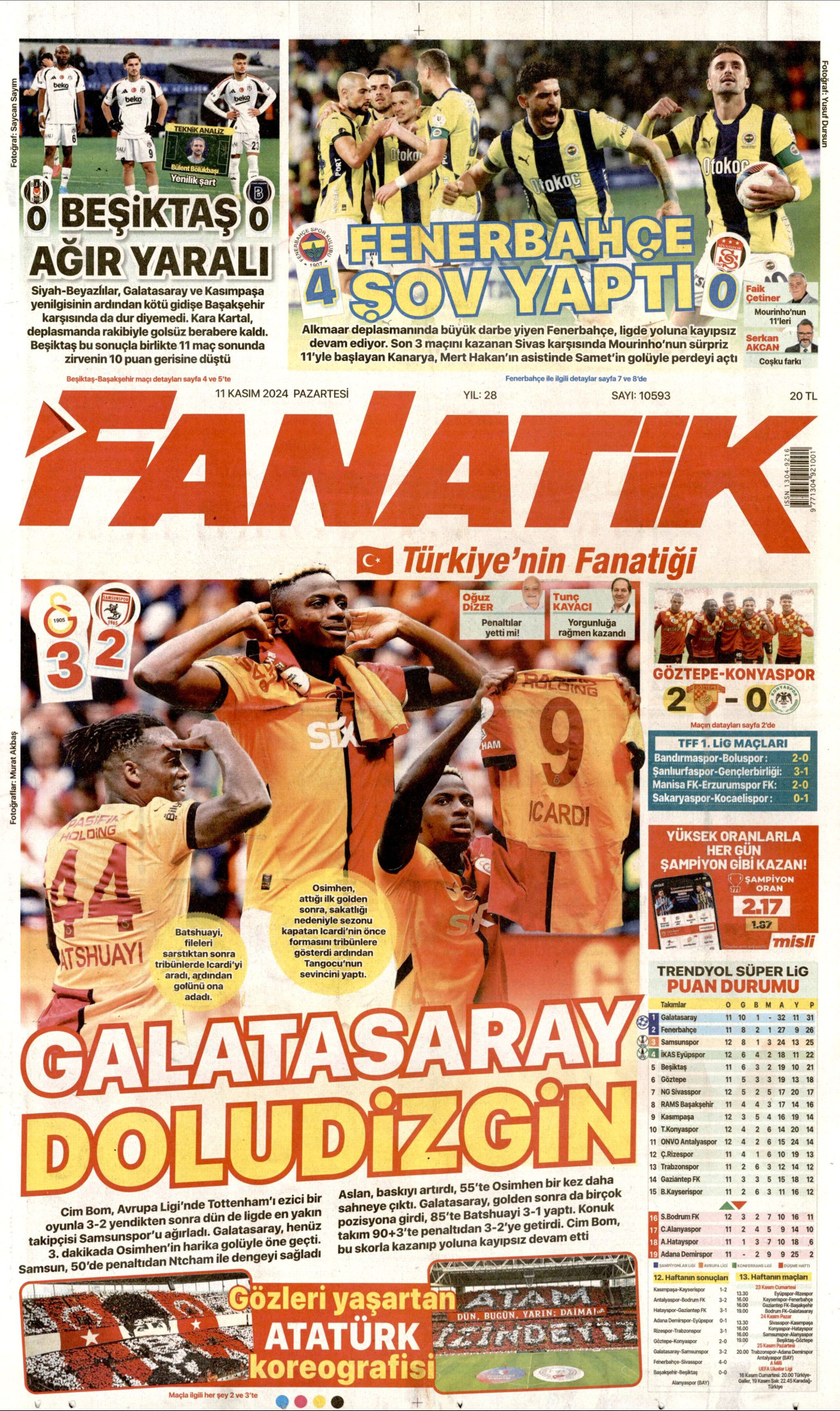 FANATİK gazetesinin 11 Kasım 2024 tarihli birinci sayfası