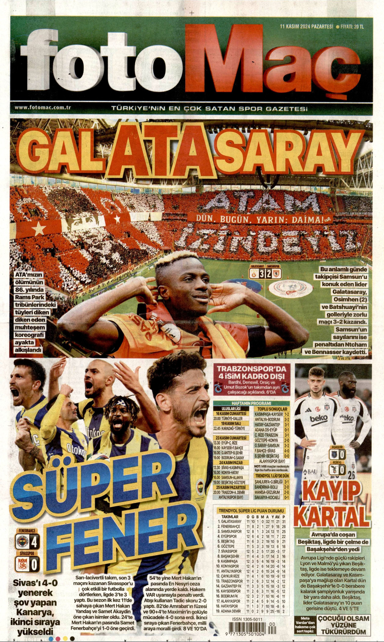 FOTOMAÇ gazetesinin 11 Kasım 2024 tarihli birinci sayfası