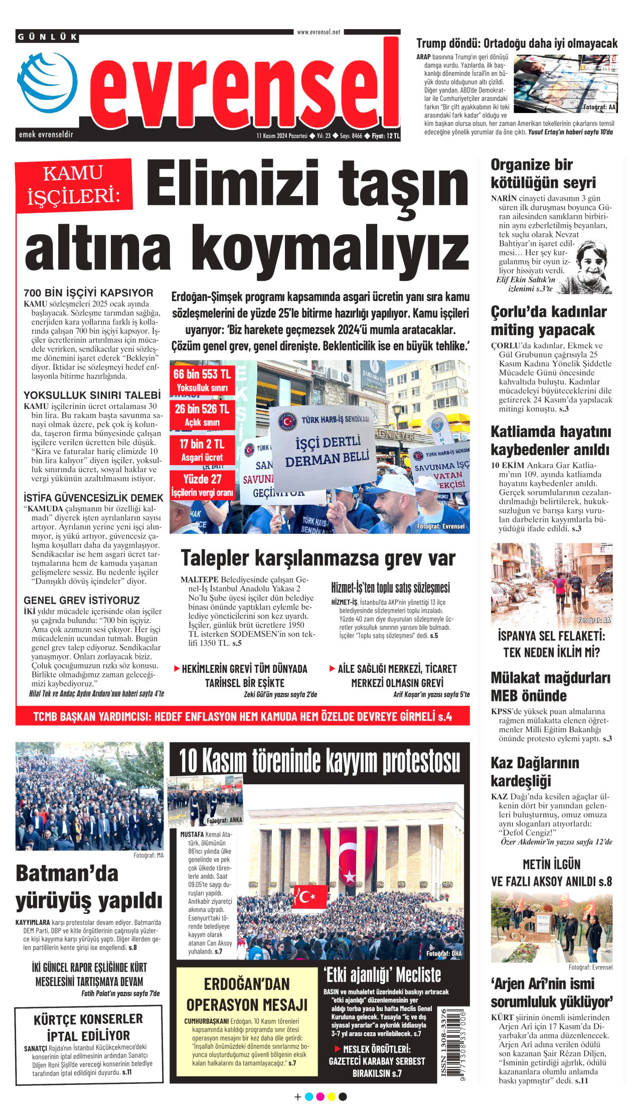 EVRENSEL gazetesinin 11 Kasım 2024 tarihli birinci sayfası