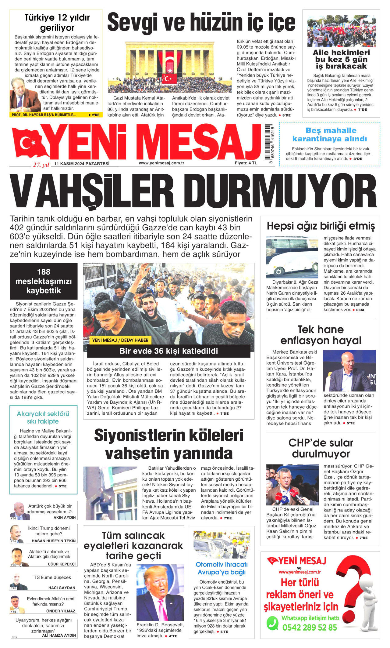 YENİ MESAJ gazetesinin 11 Kasım 2024 tarihli birinci sayfası