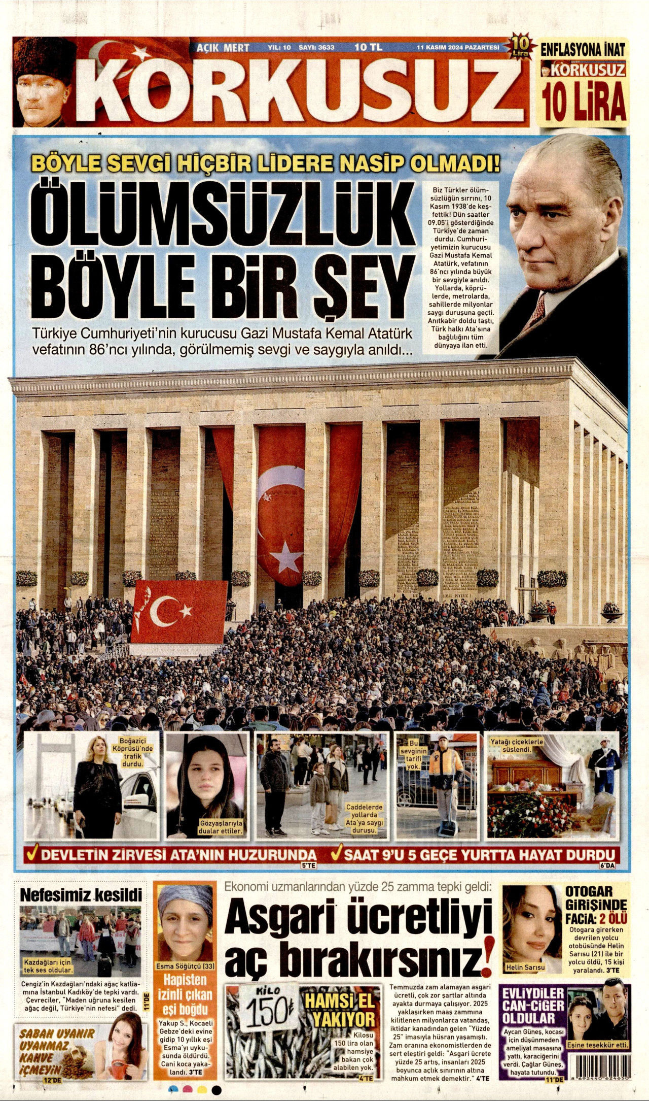 KORKUSUZ gazetesinin 11 Kasım 2024 tarihli birinci sayfası