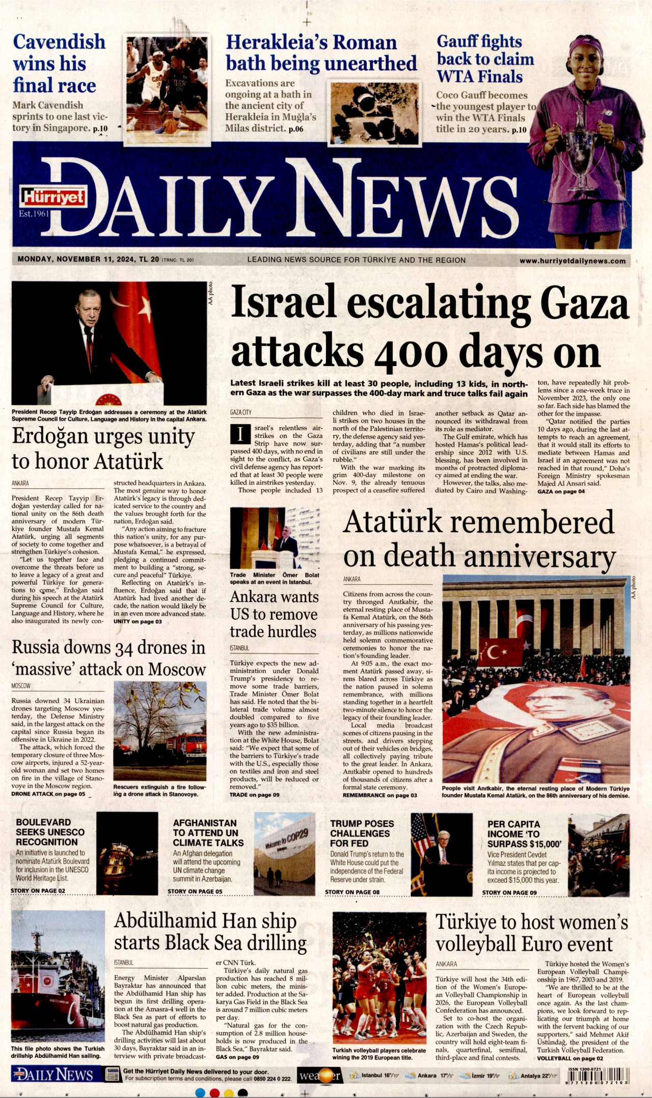HÜRRİYET DAİLY NEWS gazetesinin 11 Kasım 2024 tarihli birinci sayfası
