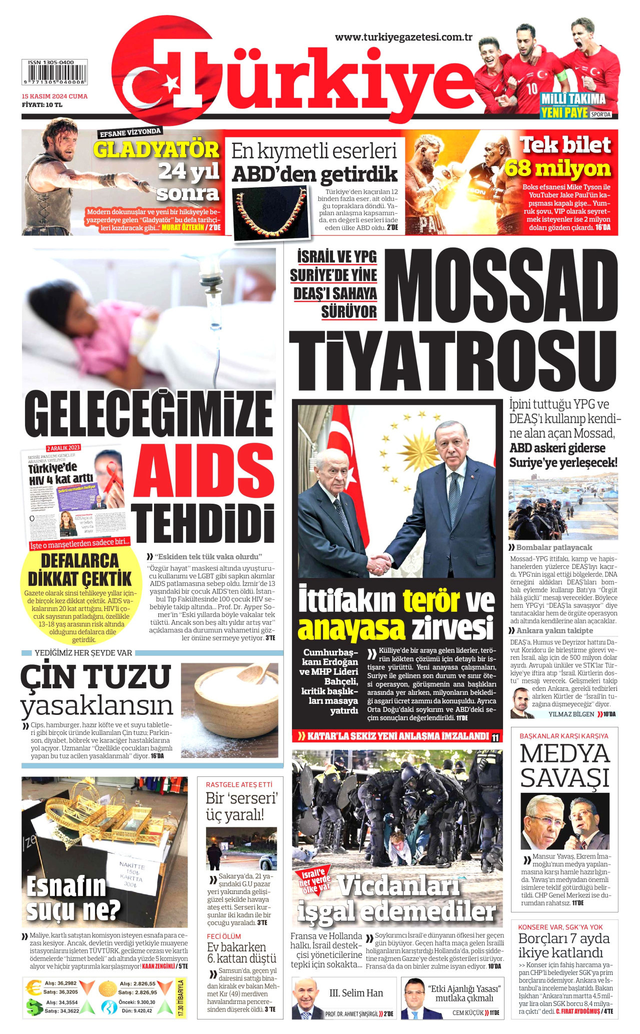 TÜRKİYE GAZETESİ gazetesinin 15 Kasım 2024 tarihli birinci sayfası