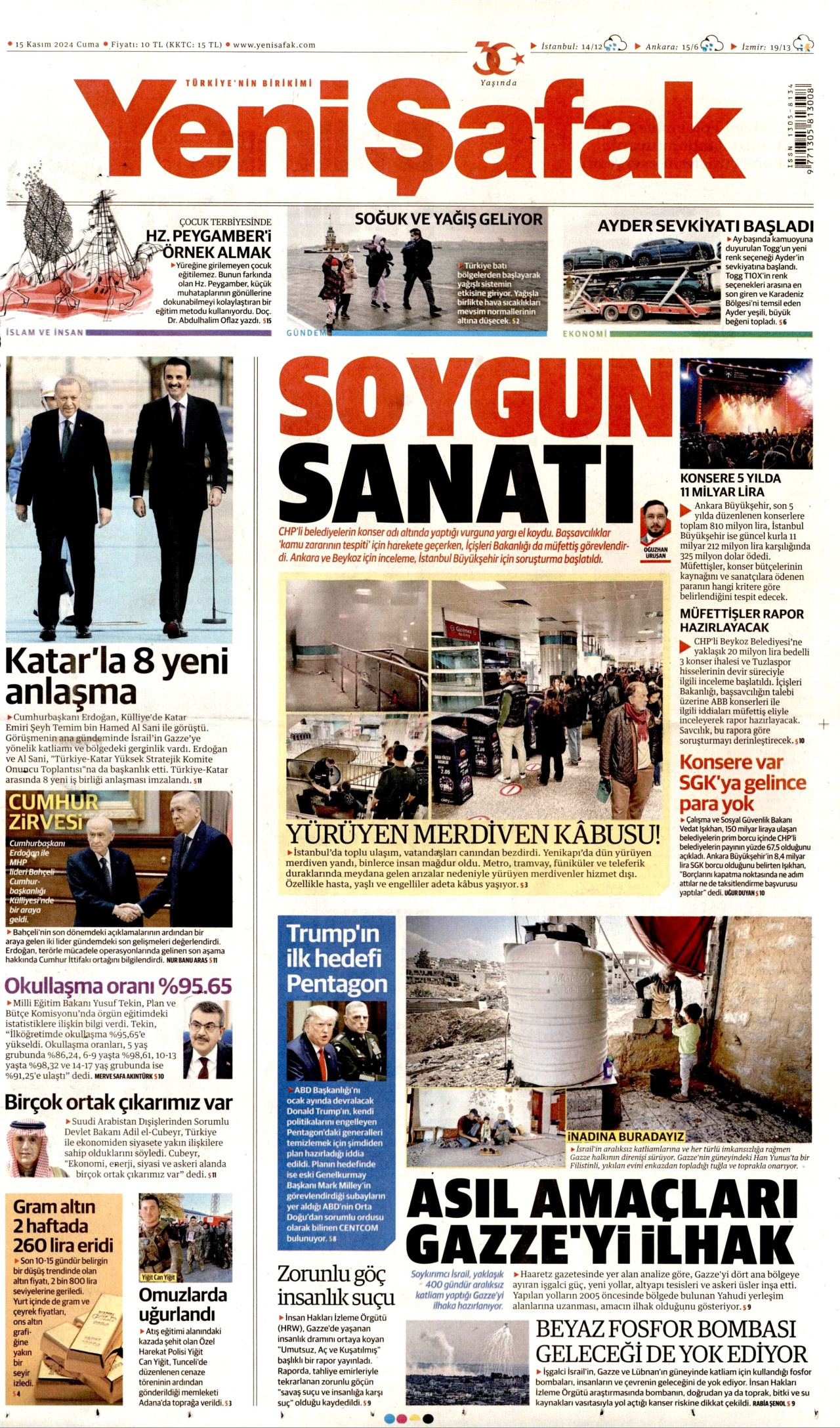 YENİ ŞAFAK gazetesinin 15 Kasım 2024 tarihli birinci sayfası