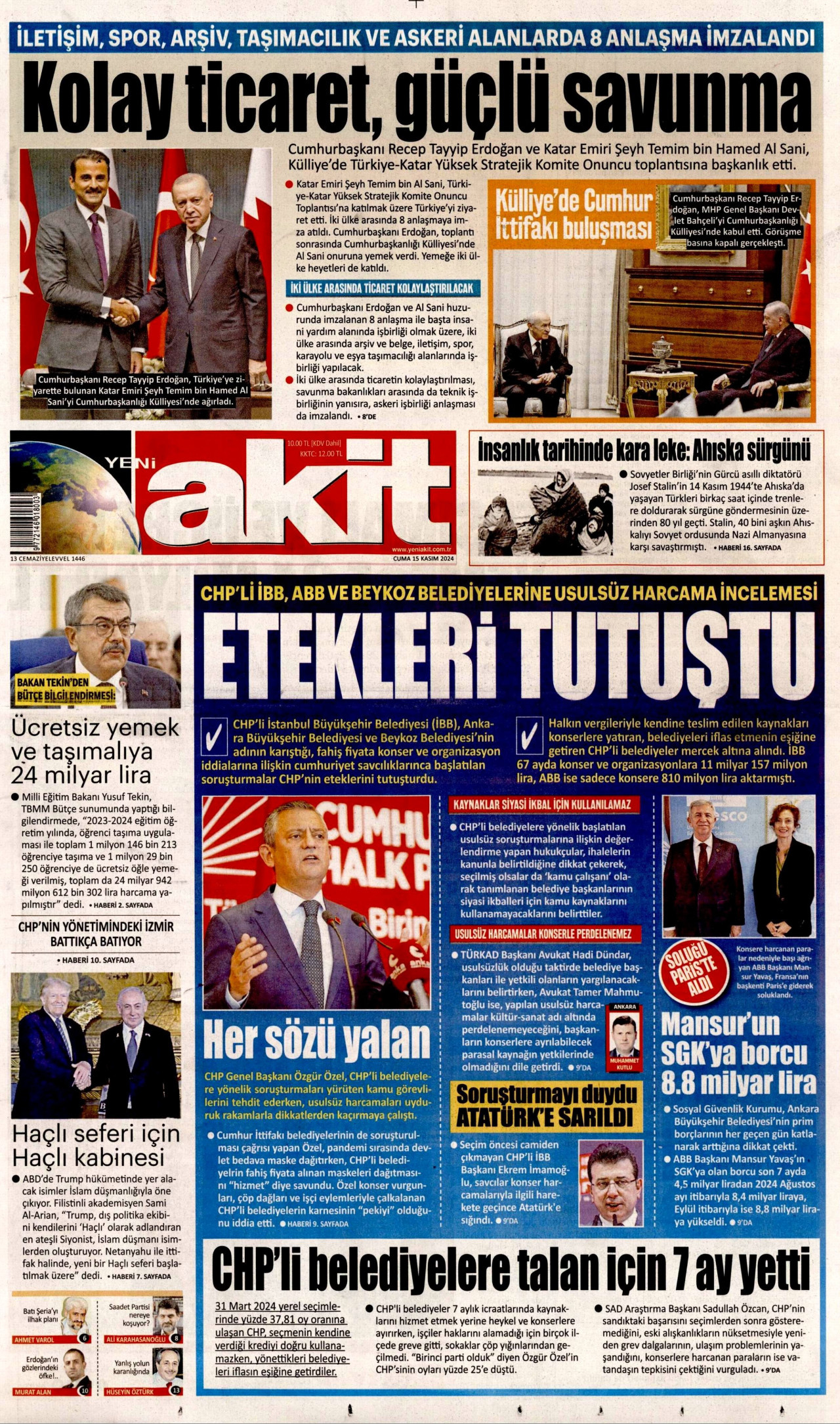YENİ AKİT gazetesinin 15 Kasım 2024 tarihli birinci sayfası