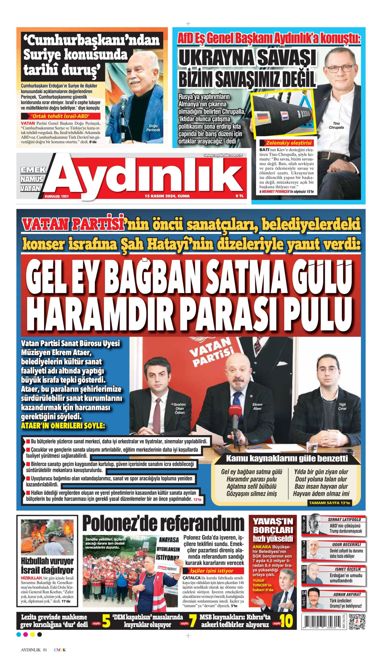 AYDINLIK GAZETESİ gazetesinin 15 Kasım 2024 tarihli birinci sayfası