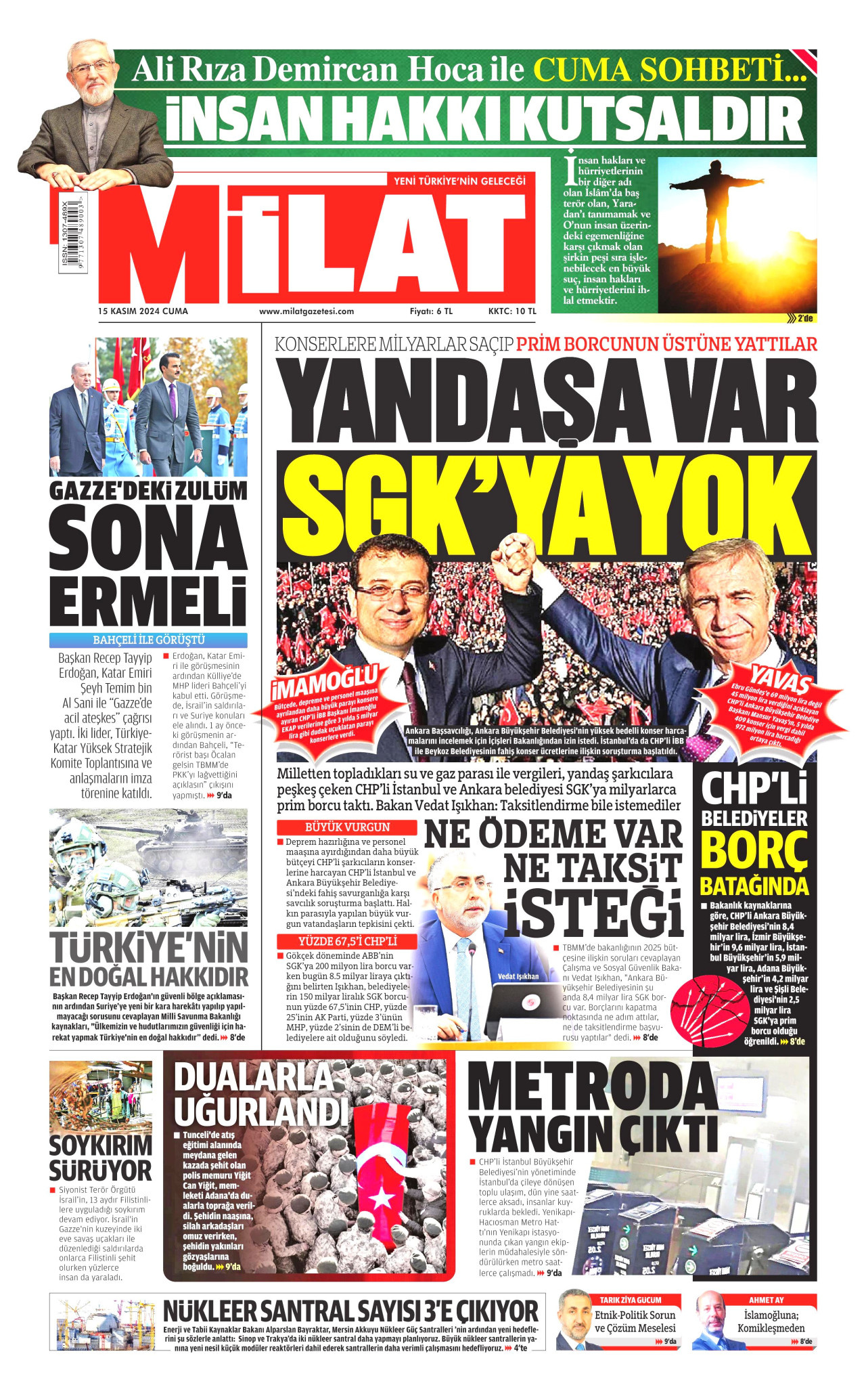 MİLAT gazetesinin 15 Kasım 2024 tarihli birinci sayfası