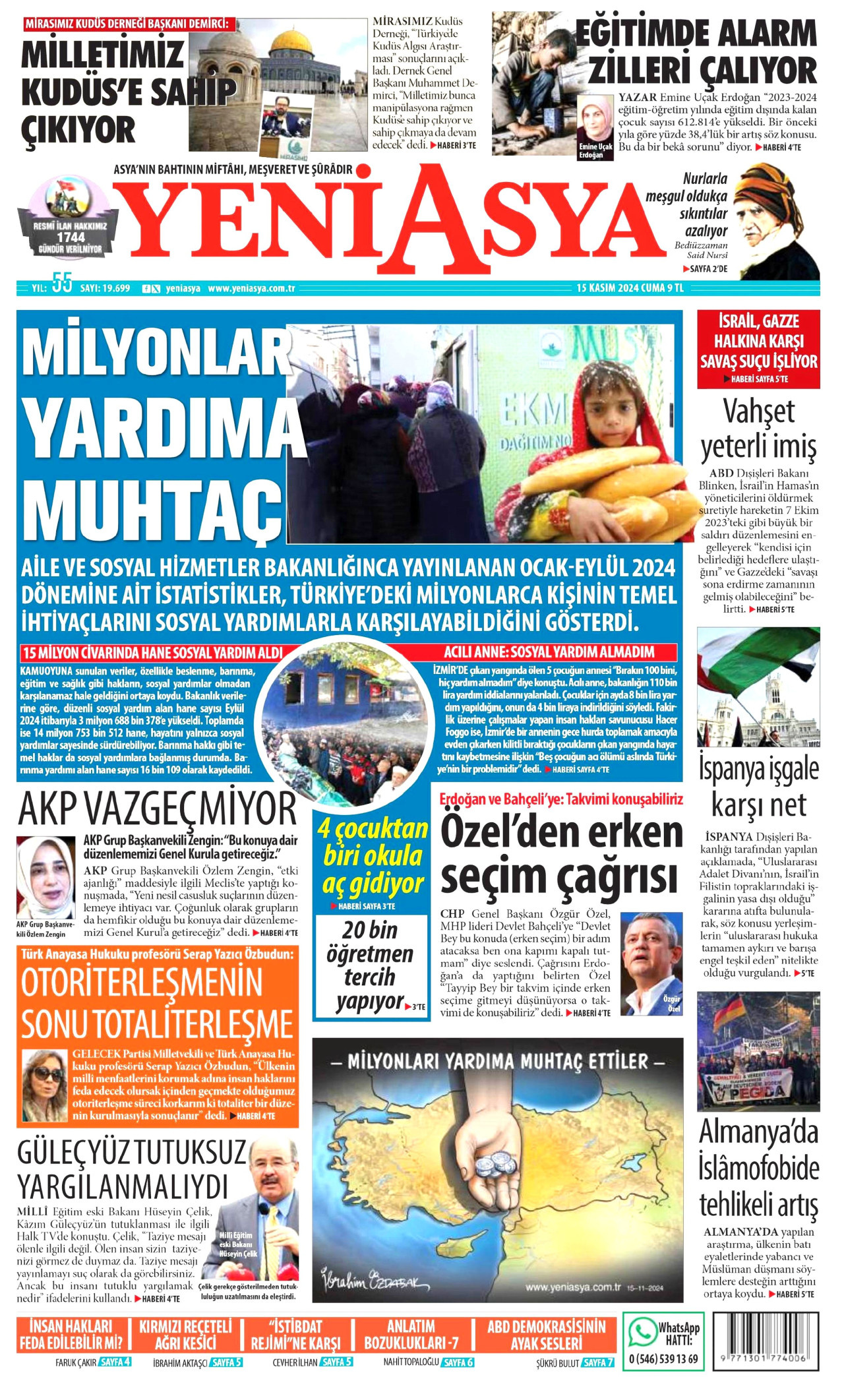 YENİ ASYA gazetesinin 15 Kasım 2024 tarihli birinci sayfası
