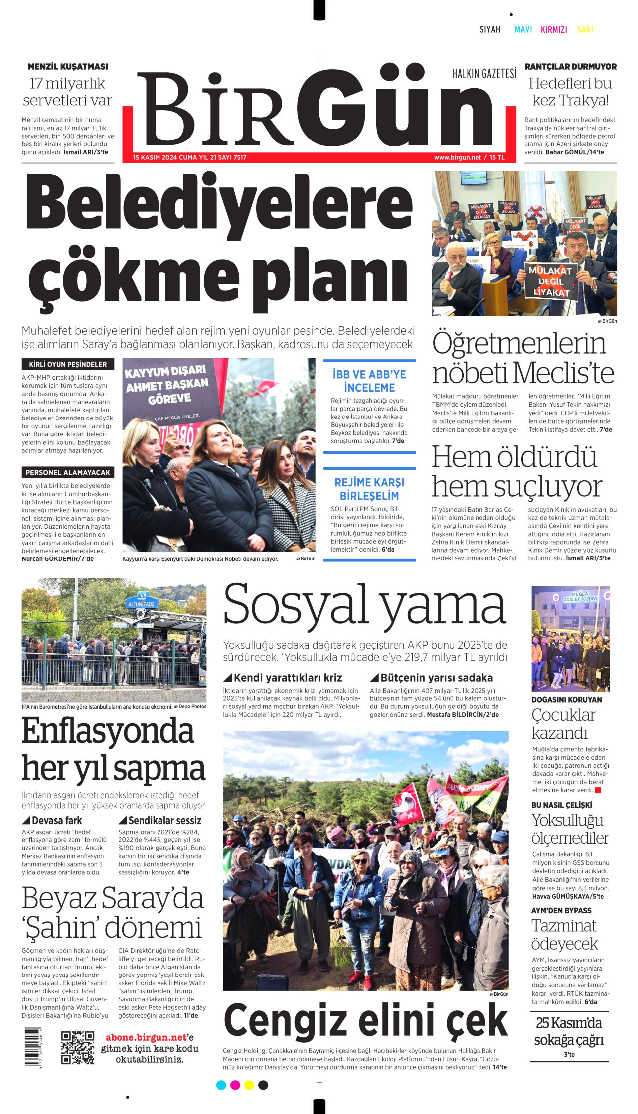 BİRGÜN gazetesinin 15 Kasım 2024 tarihli birinci sayfası