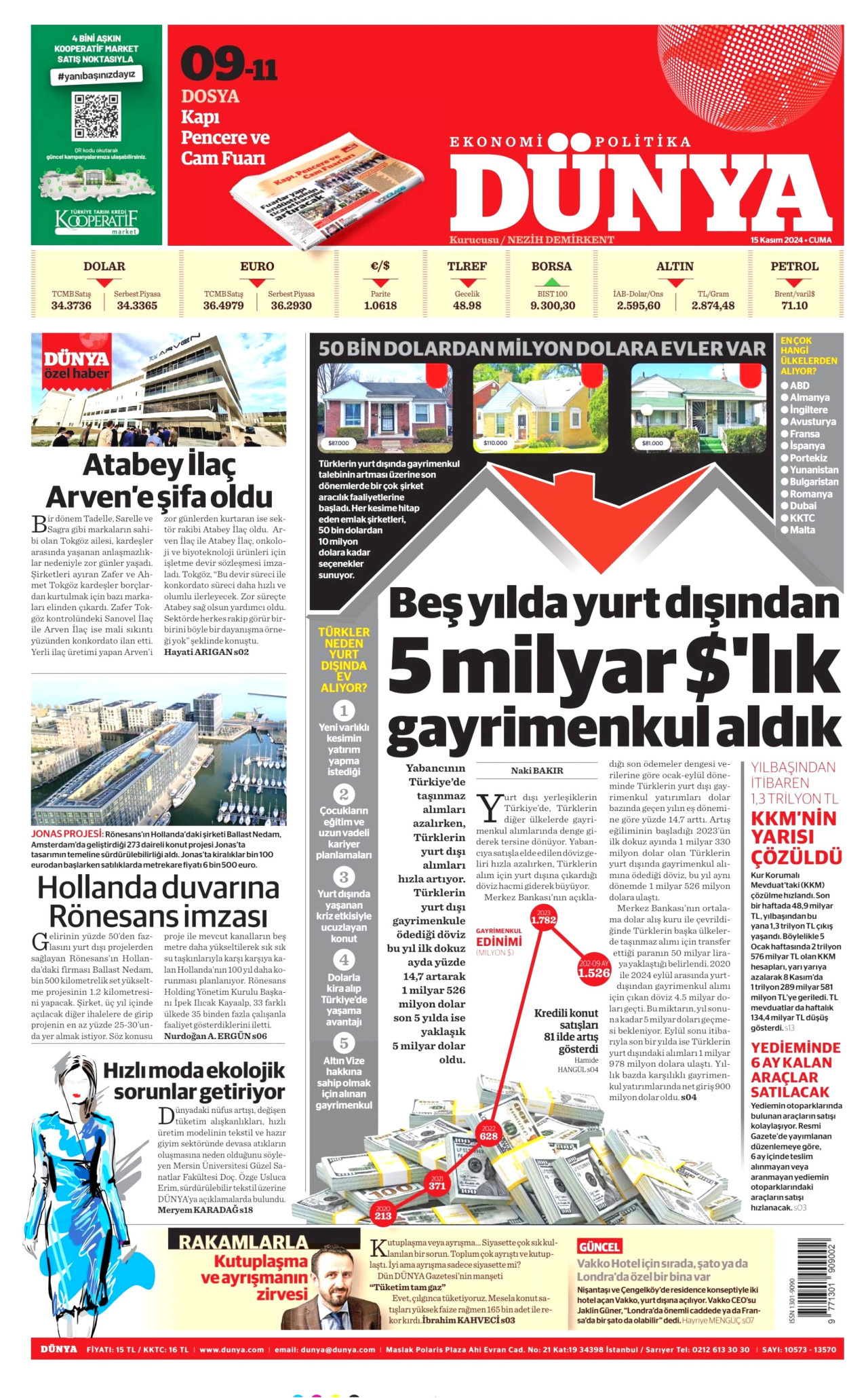 DÜNYA gazetesinin 15 Kasım 2024 tarihli birinci sayfası
