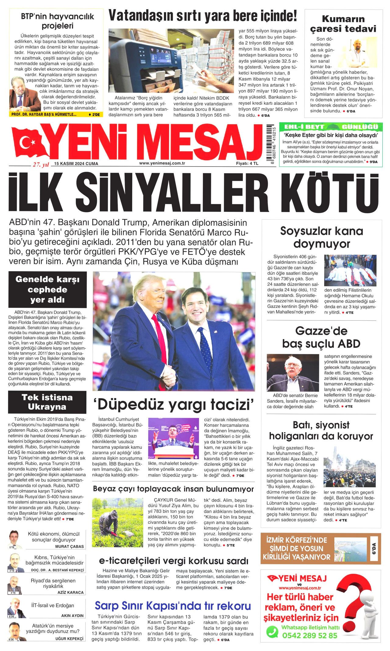 YENİ MESAJ gazetesinin 15 Kasım 2024 tarihli birinci sayfası