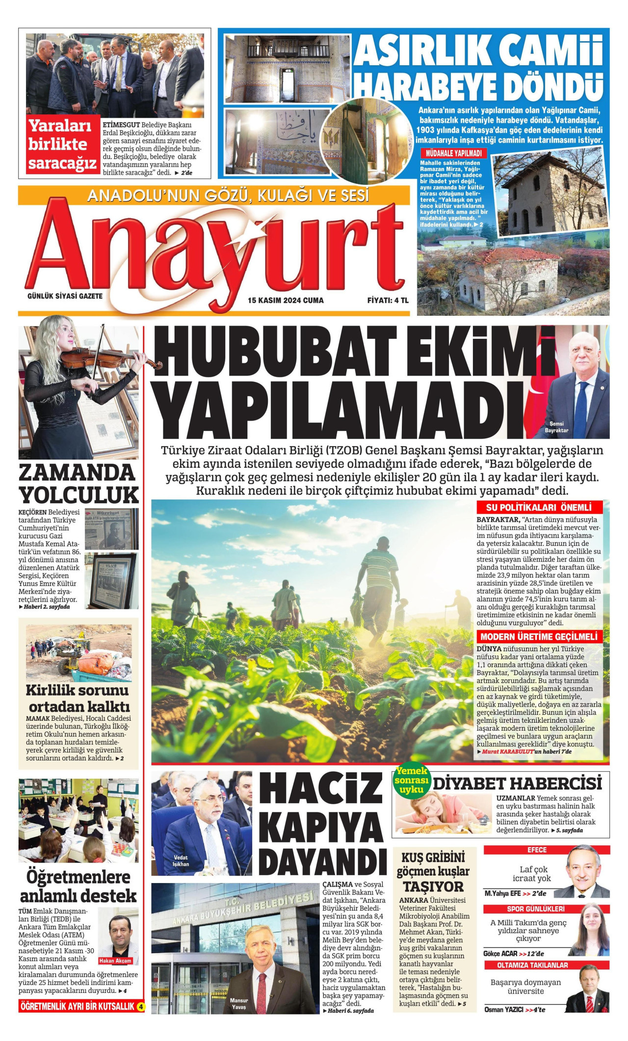 ANAYURT gazetesinin 15 Kasım 2024 tarihli birinci sayfası
