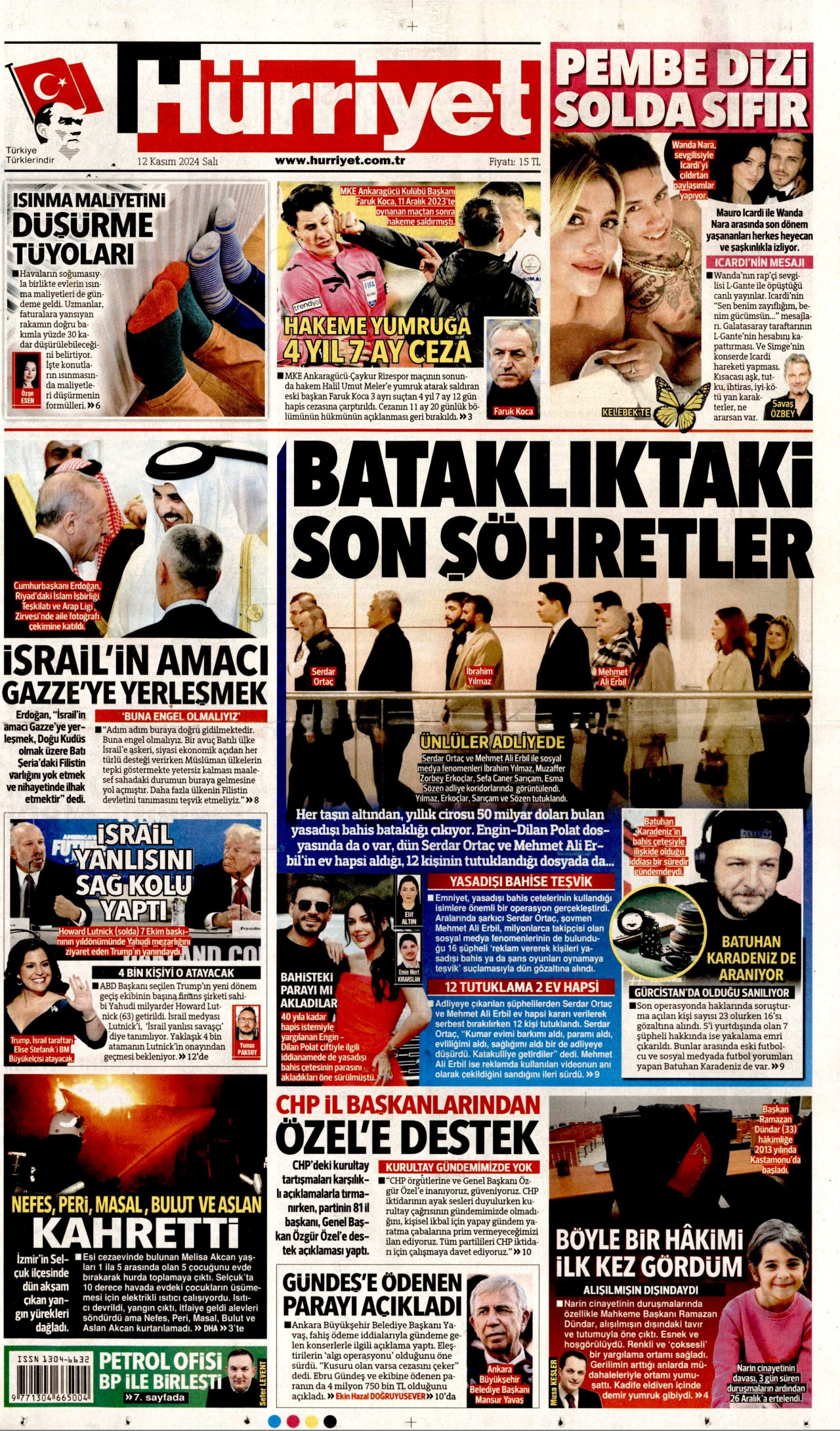 HÜRRİYET gazetesinin 12 Kasım 2024 tarihli birinci sayfası