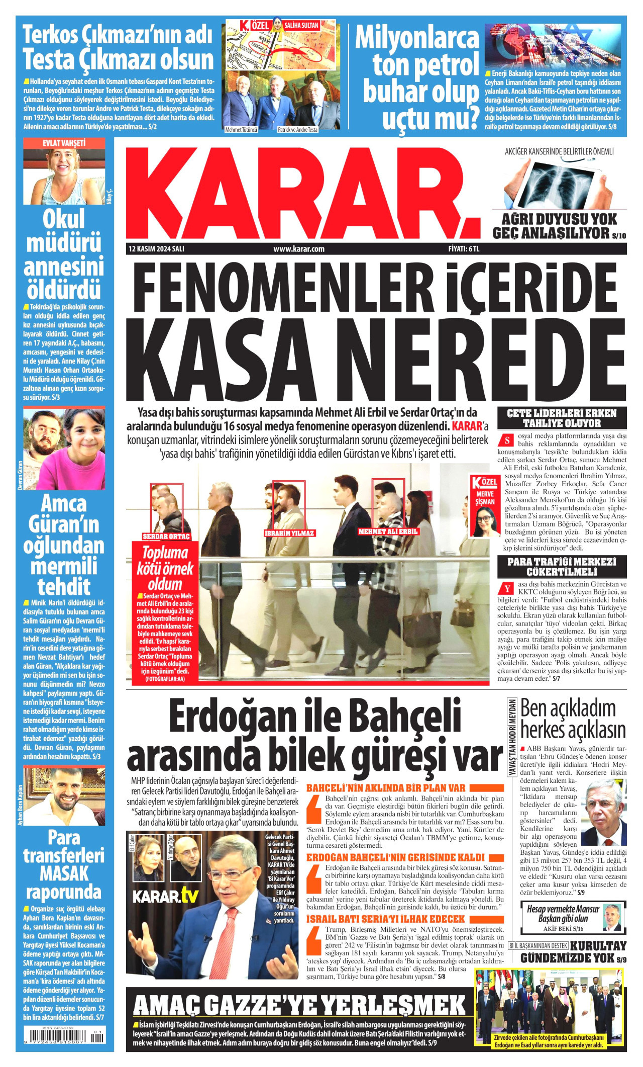 KARAR gazetesinin 12 Kasım 2024 tarihli birinci sayfası