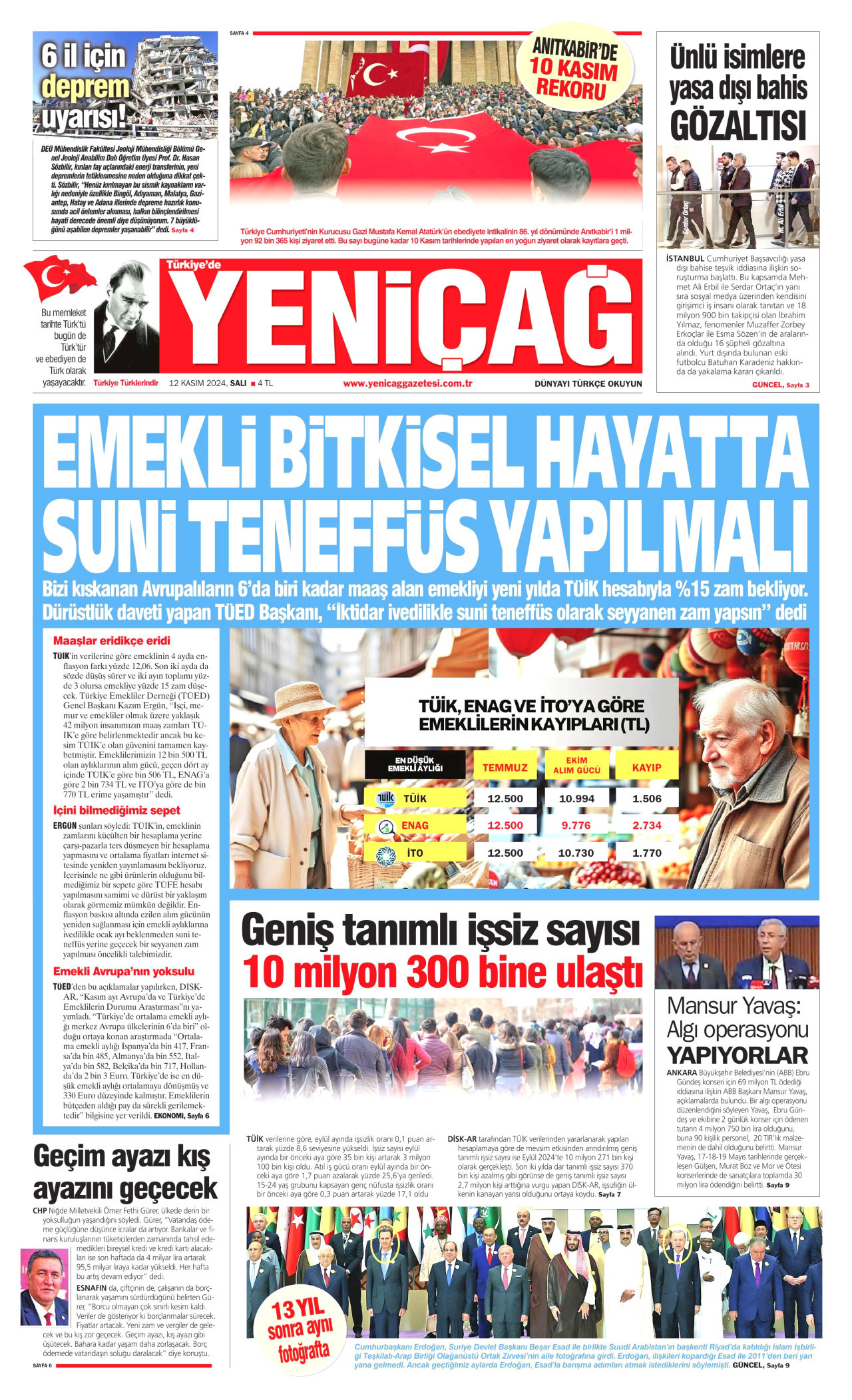 YENİÇAĞ gazetesinin 12 Kasım 2024 tarihli birinci sayfası