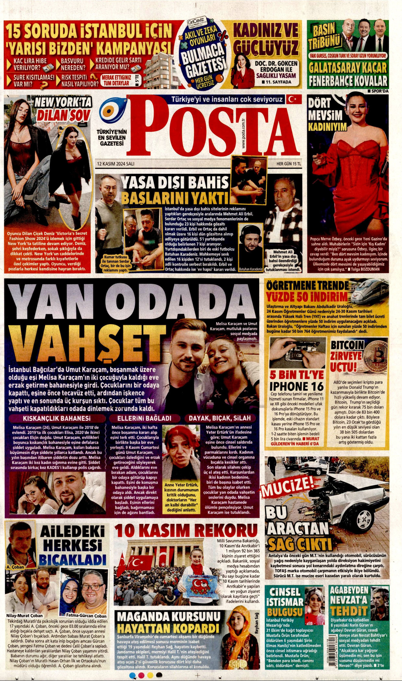 POSTA gazetesinin 12 Kasım 2024 tarihli birinci sayfası